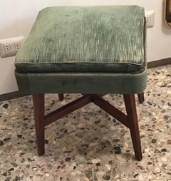 Paire de bancs/tabourets style Gio Ponti, assise en bois et velours, 1950, Italie