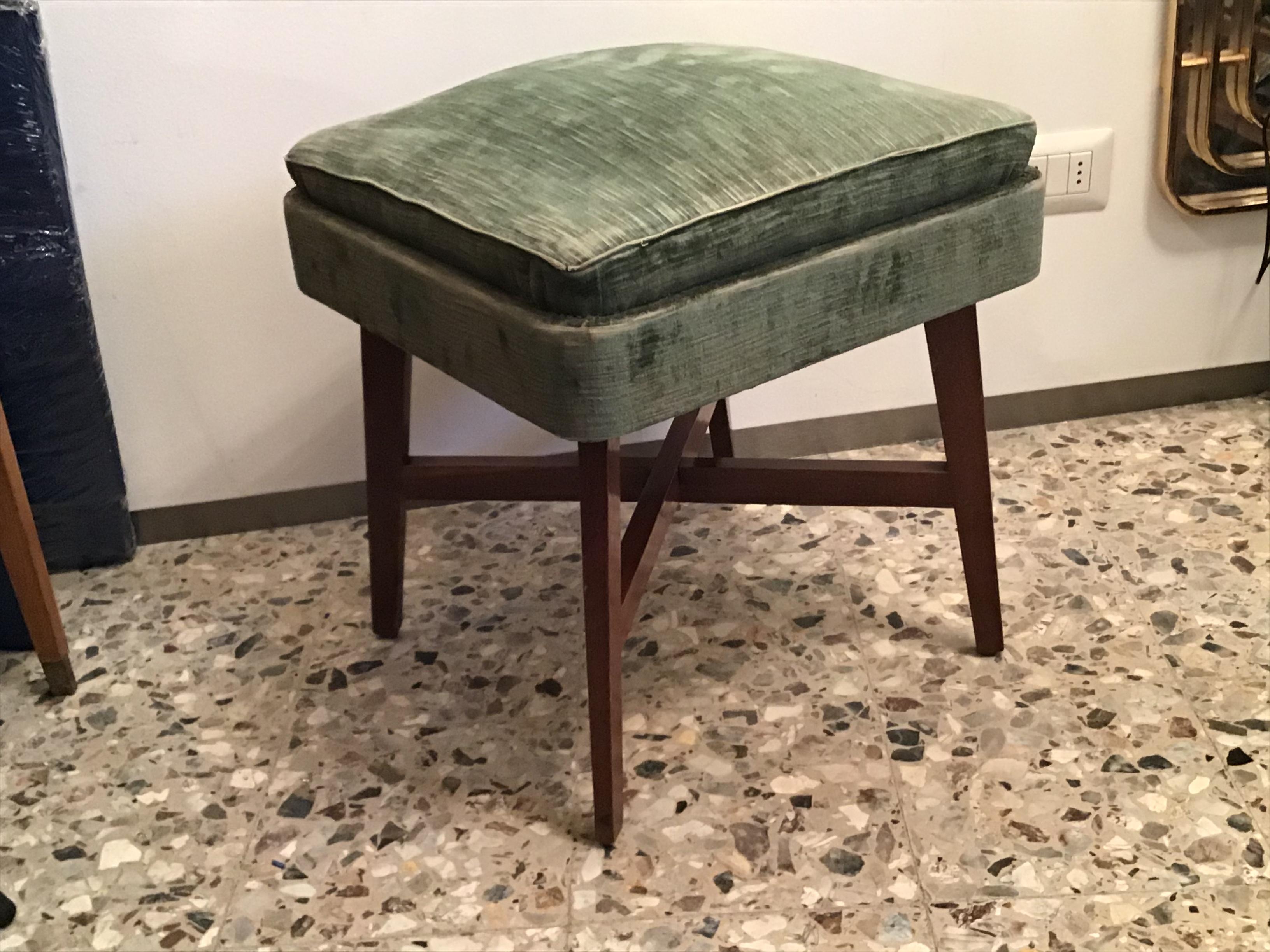 Italian Gio Ponti “Stile” Pair of Benches /Stools Wood Seat Wood Velvet, 1950, Italy For Sale