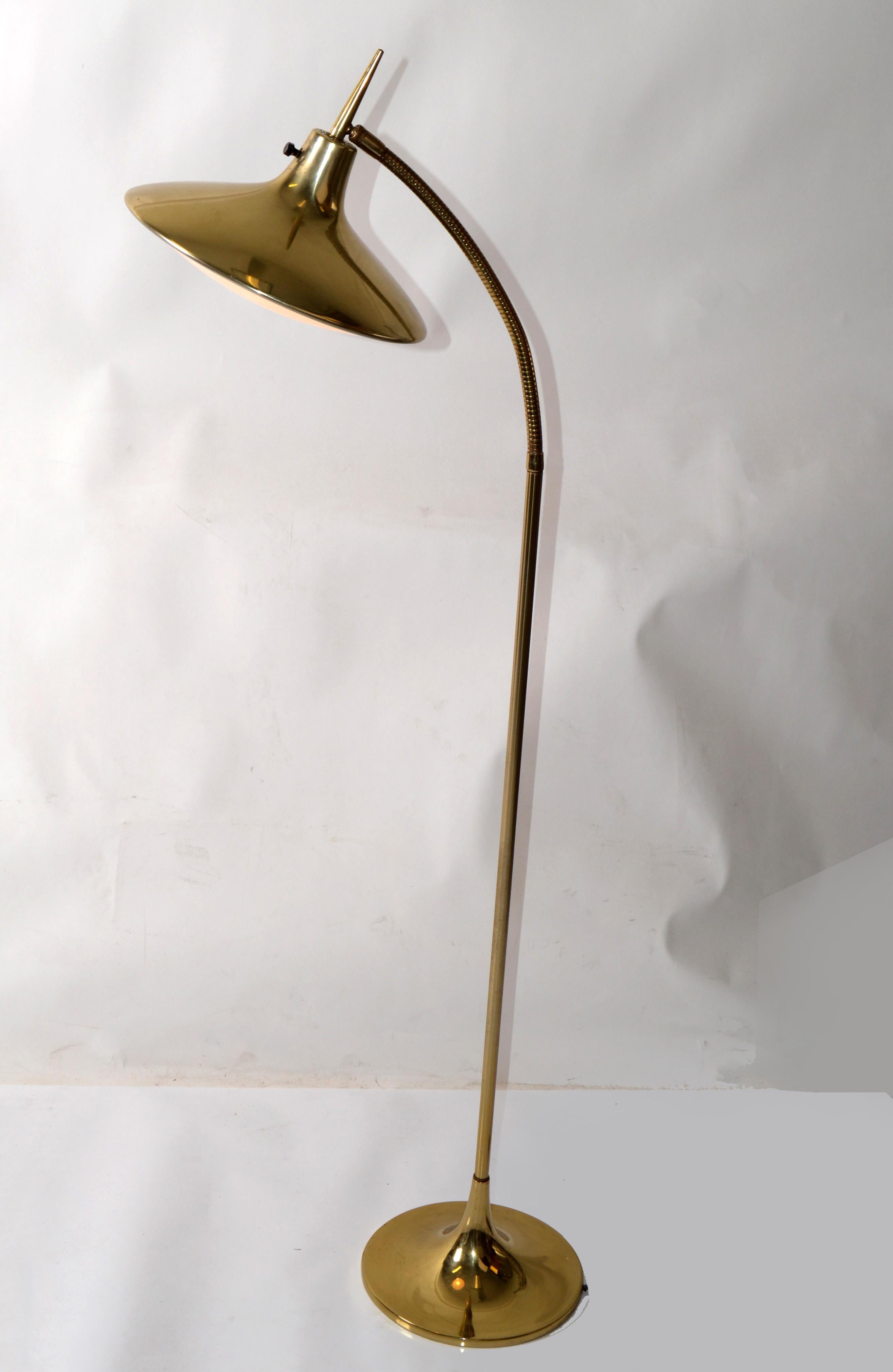 Gio Ponti Style brass adjustable gooseneck floor lamp made by Laurel Lamp Company. 
US Rewiring and takes 1 regular or LED Light.
The plastic diffuser gives a warm relaxing light. 
Makers Mark and numbered underneath the round Base.
Shade