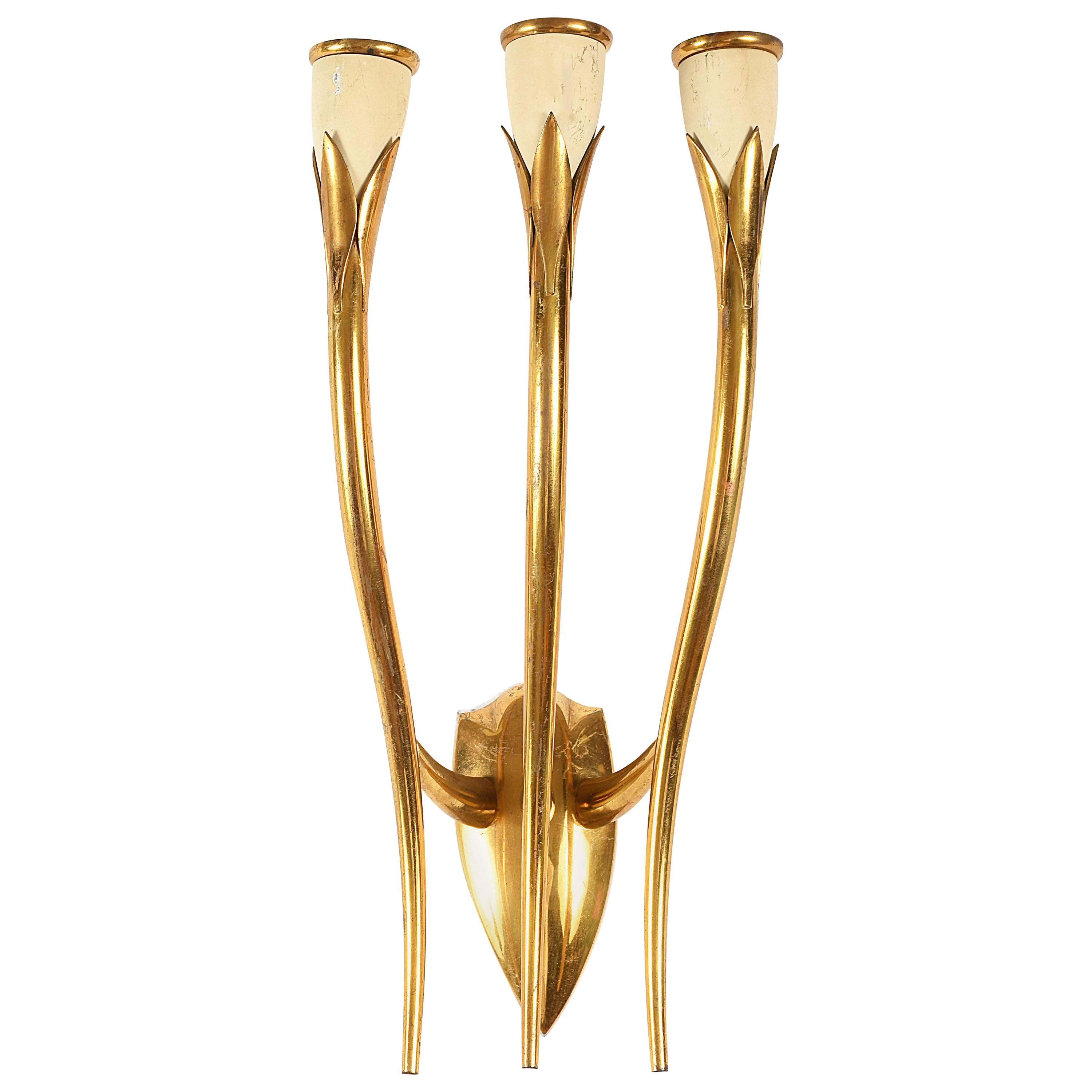 Gio Ponti Style Applique with Three-Lights Golden Brass, Italy, 1950s For Sale