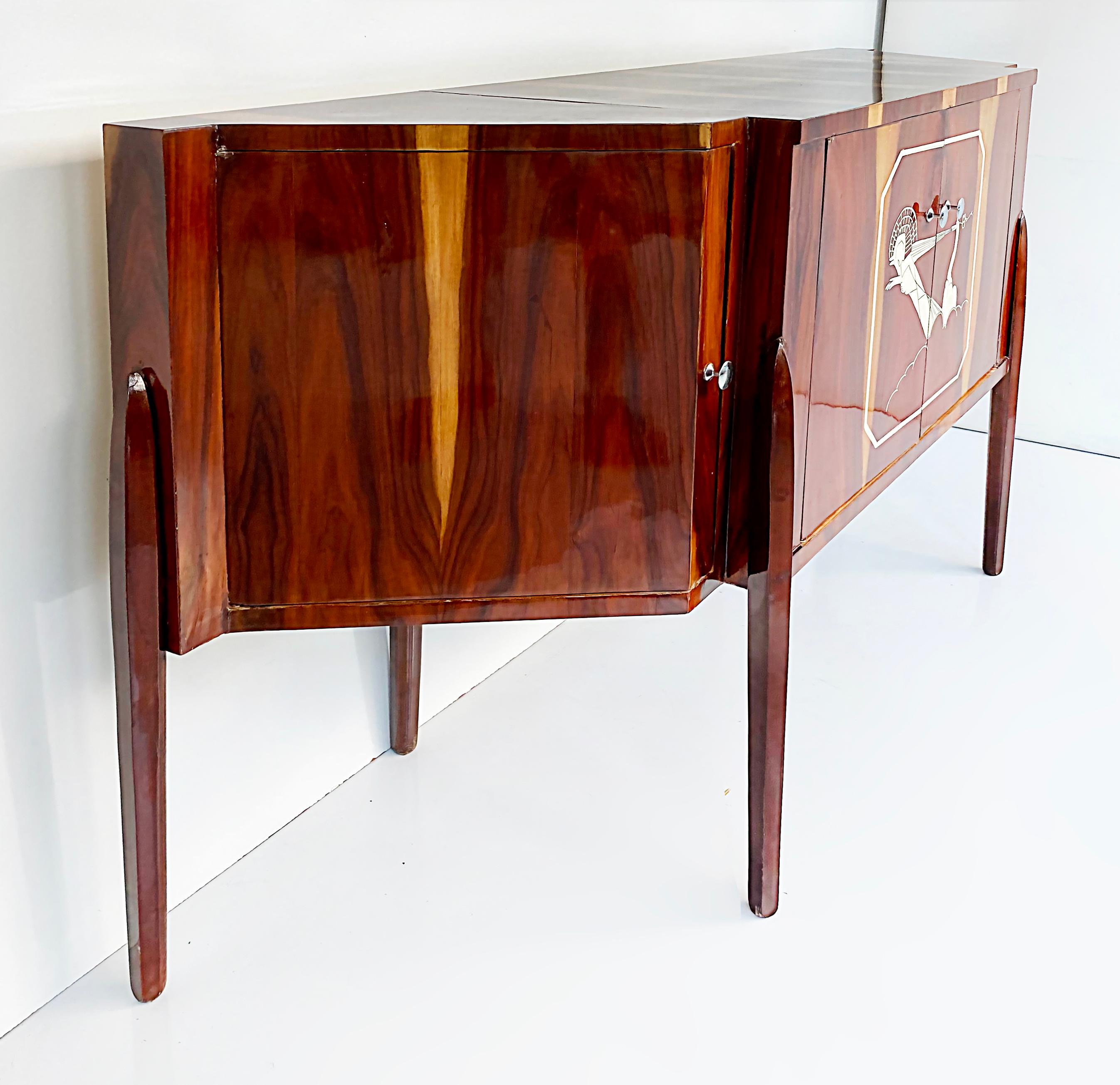 Gio Ponti Style Art Deco Exotic Wood Four Door Cabinet with Painted Decoration In Good Condition In Miami, FL