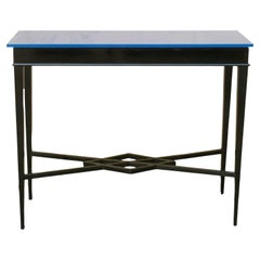 Gio Ponti Style Black Wood and Blue Glass Consolle, Italy 1950s