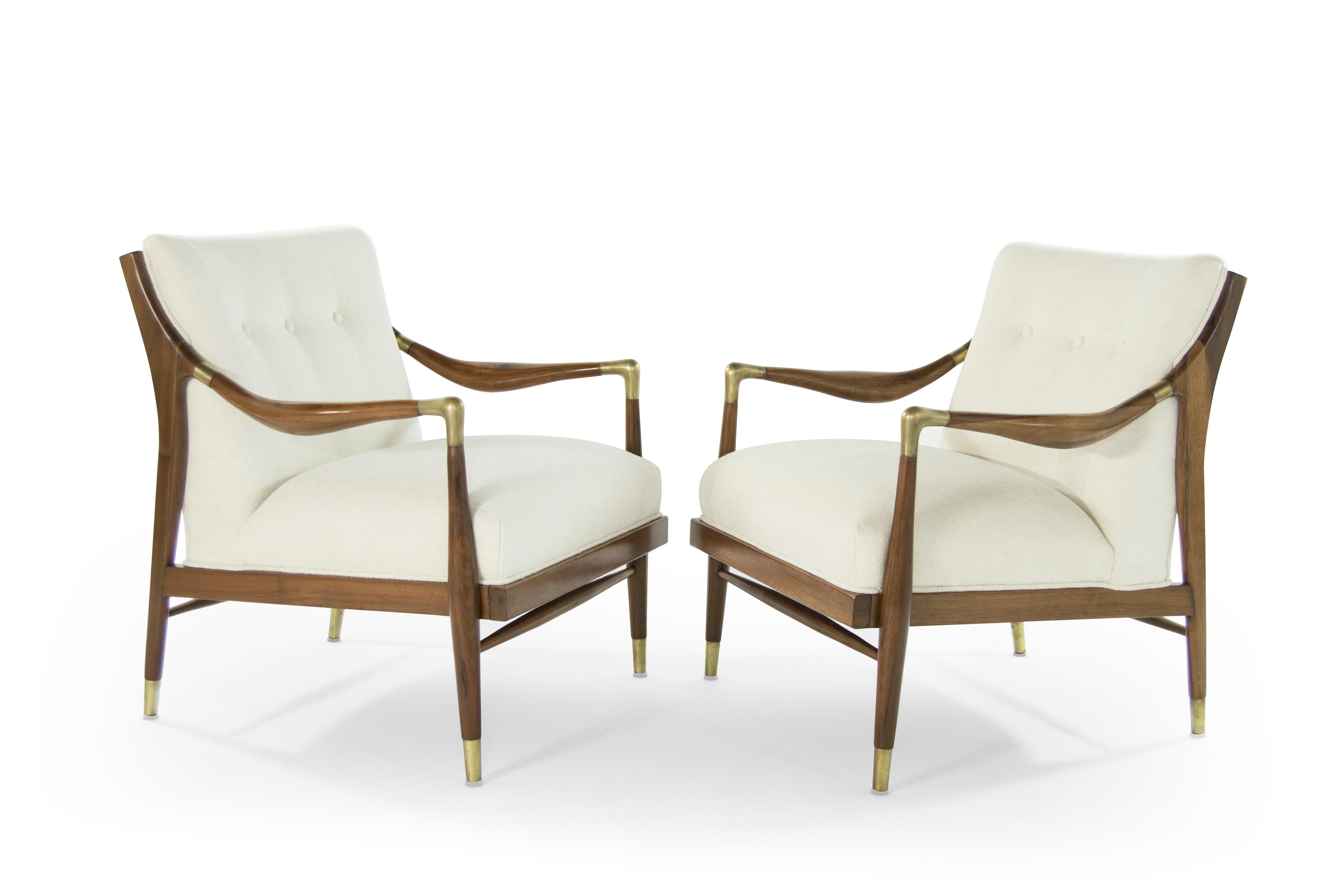 Mid-Century Modern Gio Ponti Style Brass Accented Walnut Lounge Chairs