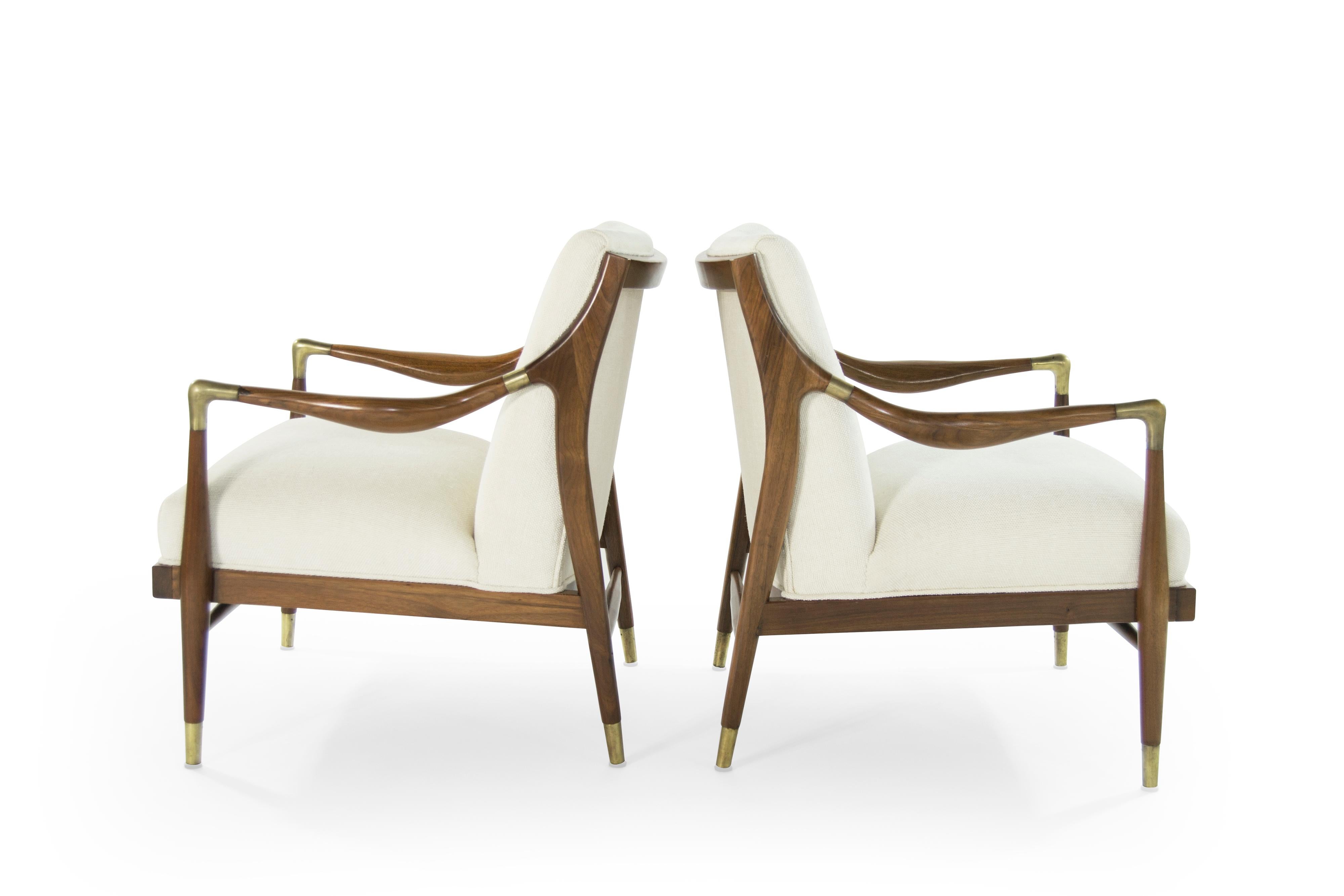 American Gio Ponti Style Brass Accented Walnut Lounge Chairs