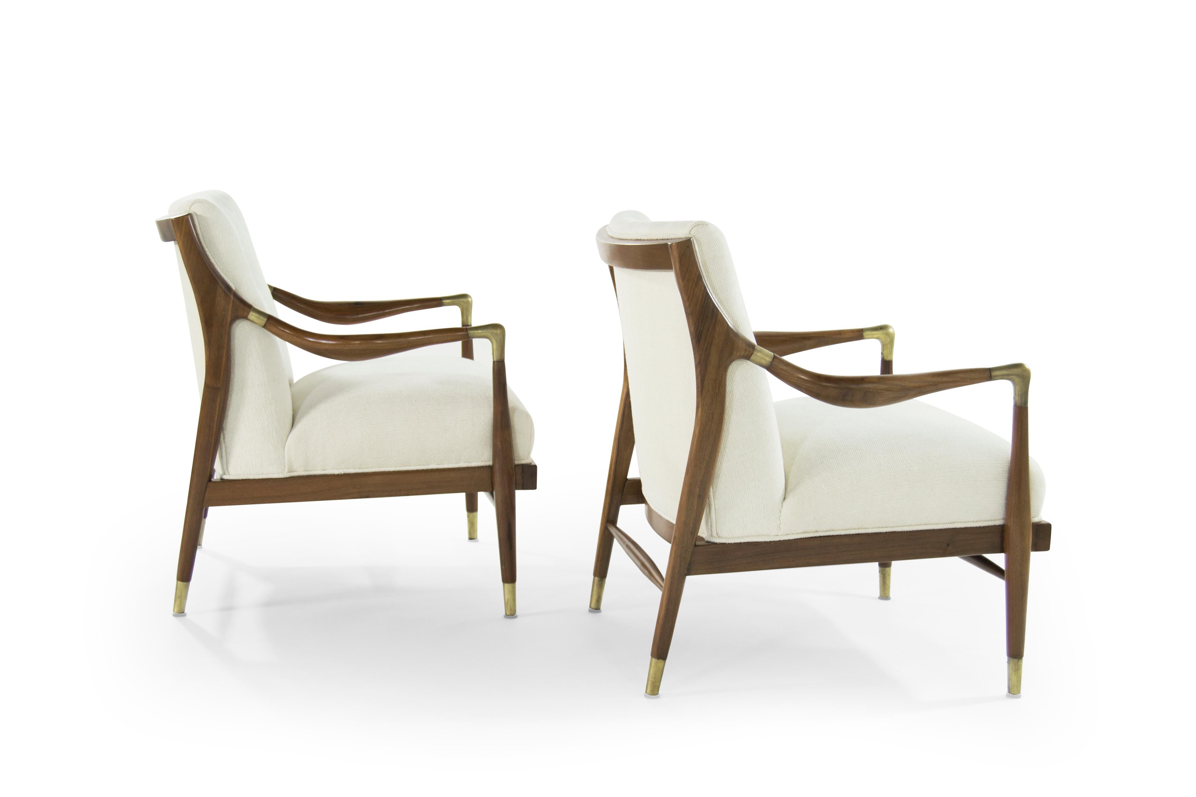 Gio Ponti Style Brass Accented Walnut Lounge Chairs In Excellent Condition In Westport, CT