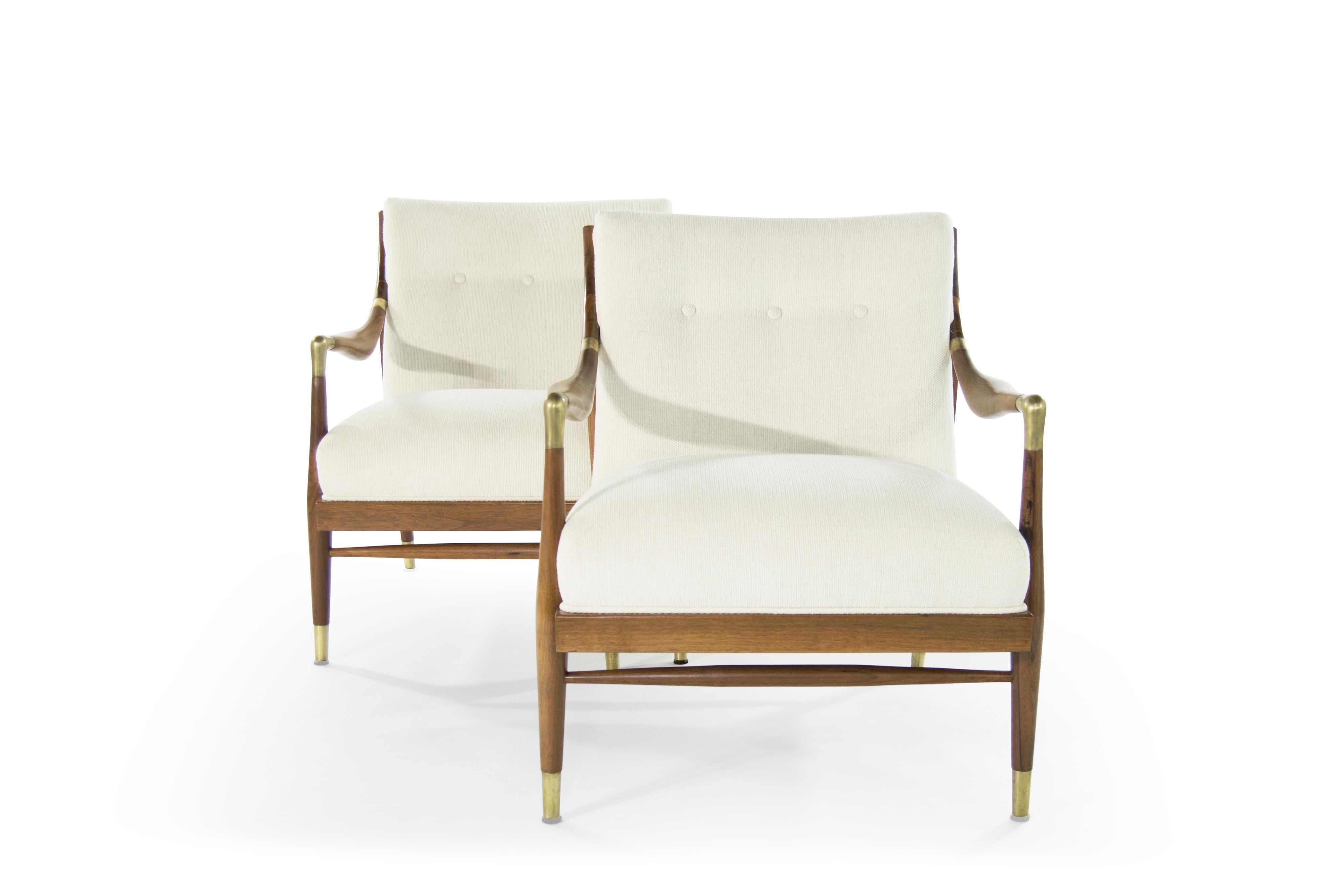 20th Century Gio Ponti Style Brass Accented Walnut Lounge Chairs