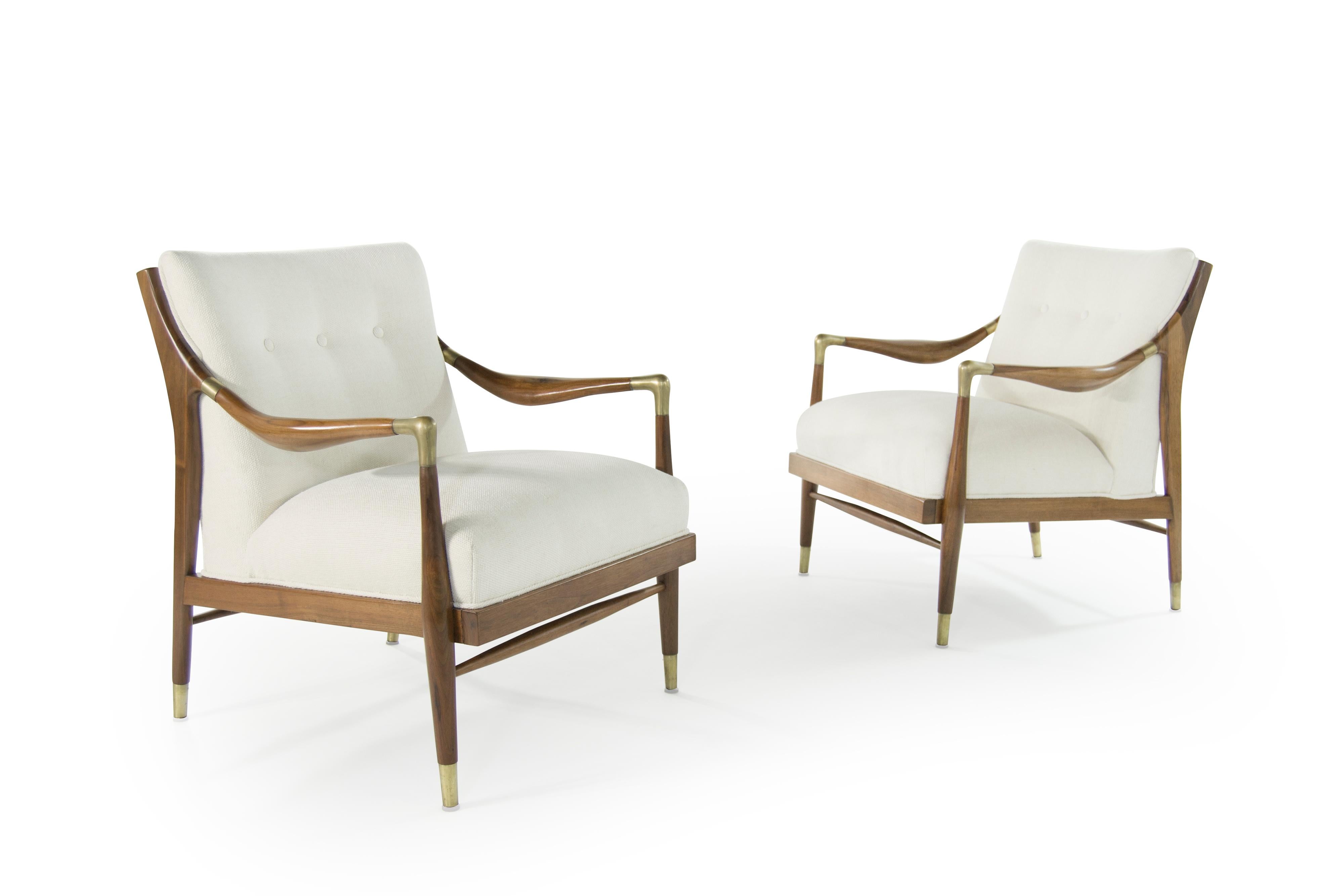 Gio Ponti Style Brass Accented Walnut Lounge Chairs 3