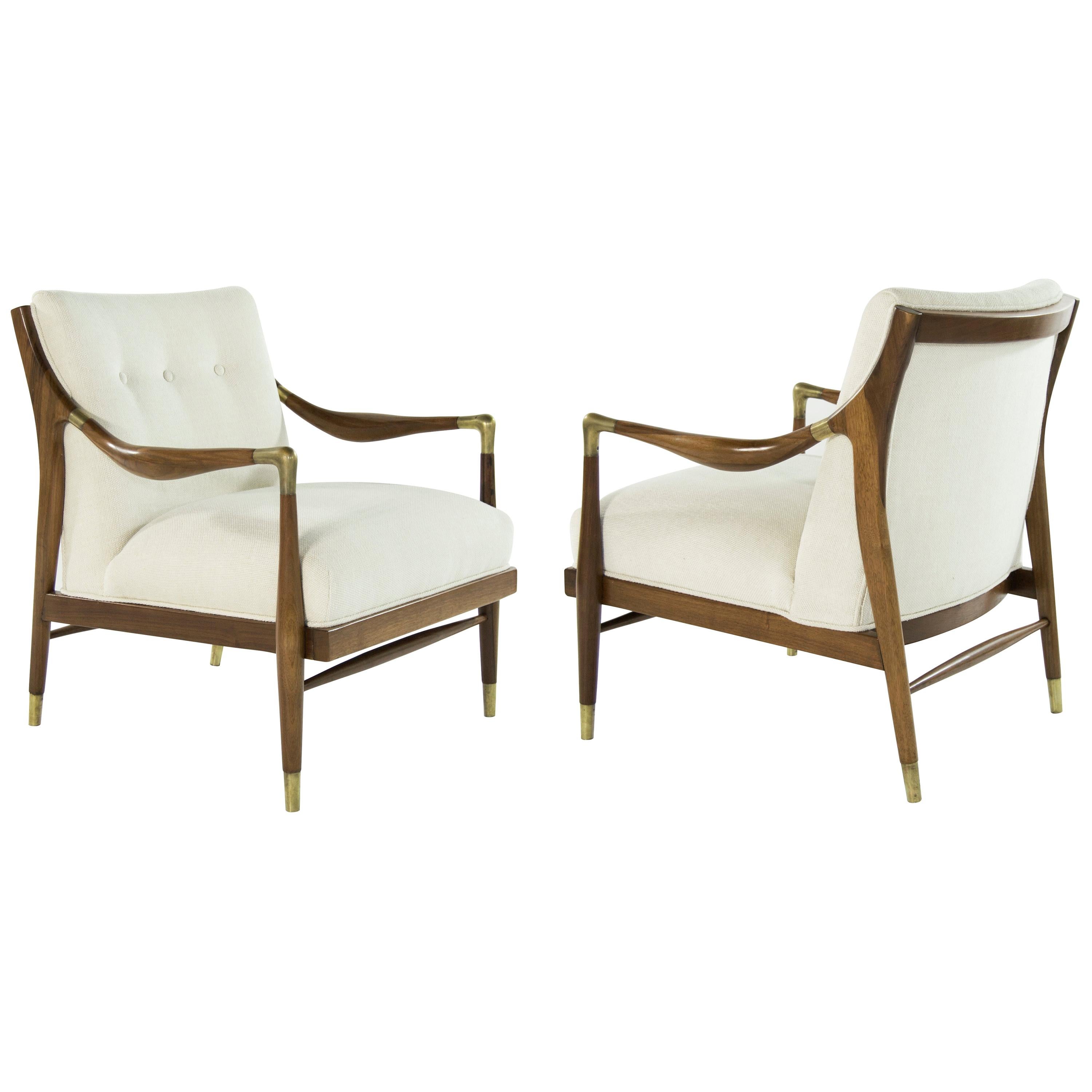 Gio Ponti Style Brass Accented Walnut Lounge Chairs