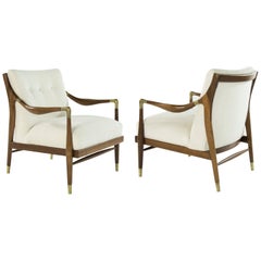 Gio Ponti Style Brass Accented Walnut Lounge Chairs