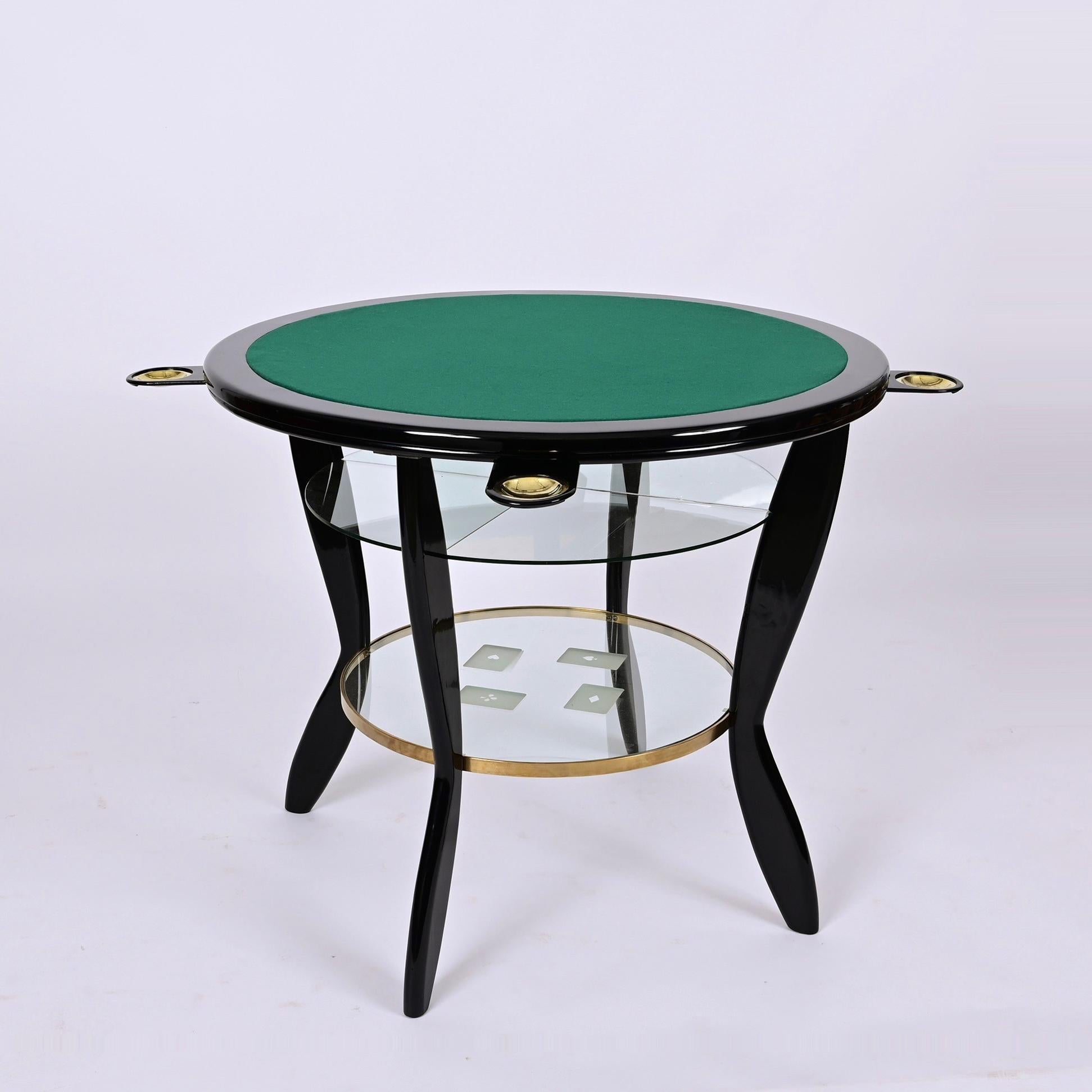 Gio Ponti Style Ebonized Beech and Brass Italian Game Table with Glass, 1950s For Sale 5