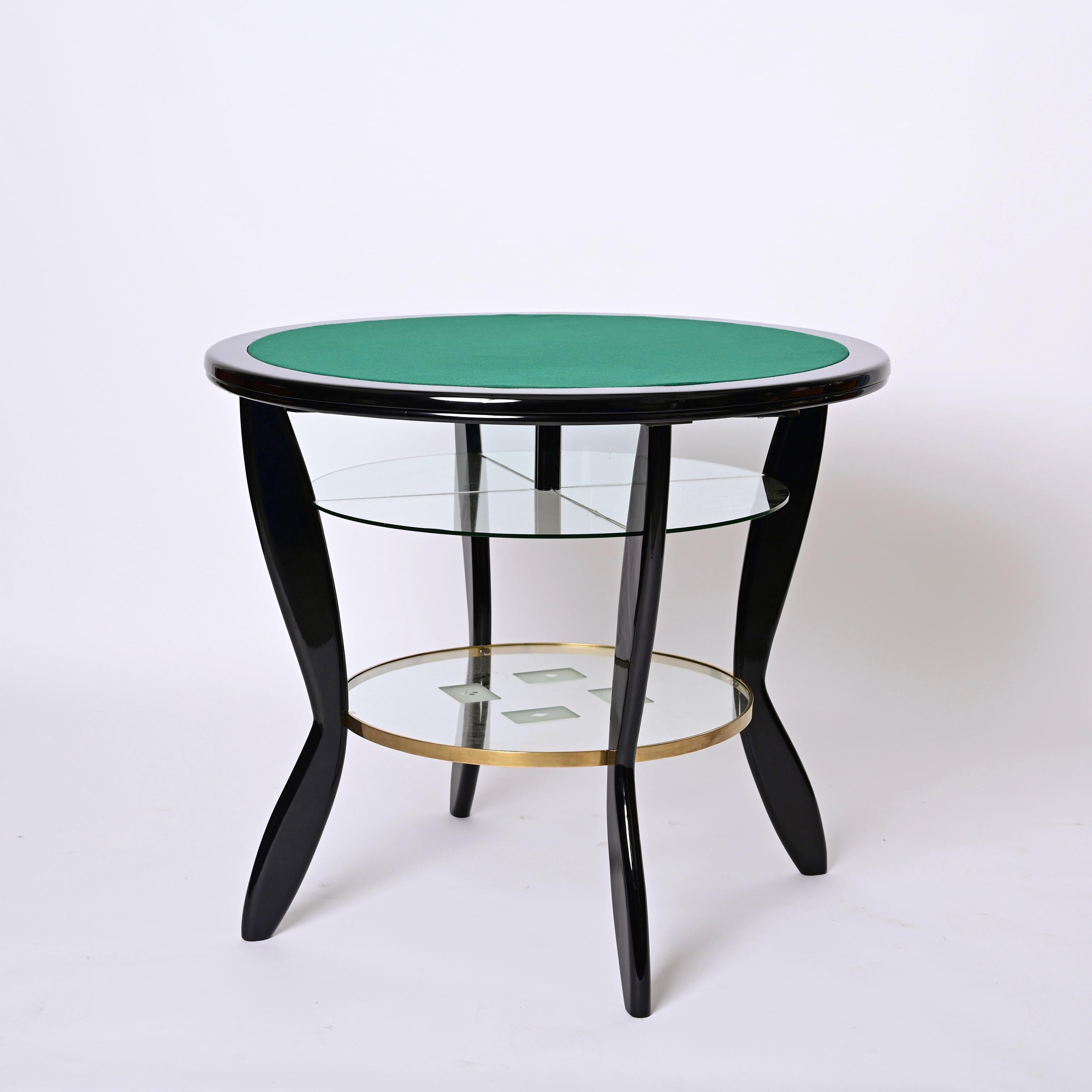 Gio Ponti Style Ebonized Beech and Brass Italian Game Table with Glass, 1950s For Sale 6