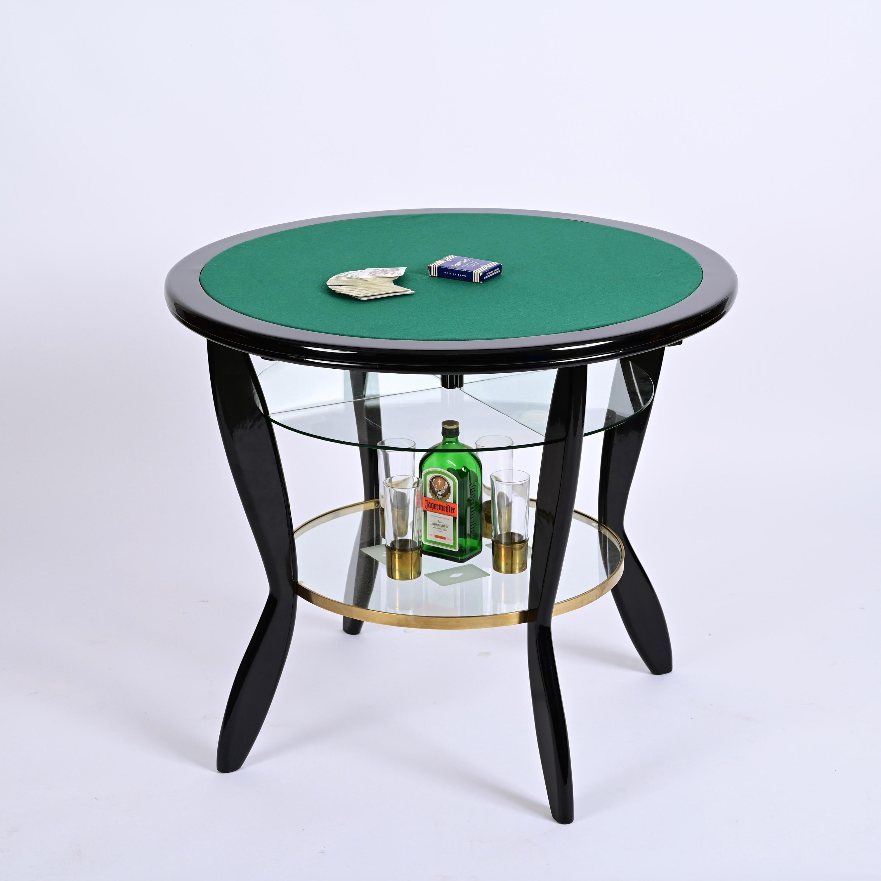 Gio Ponti Style Ebonized Beech and Brass Italian Game Table with Glass, 1950s For Sale 7