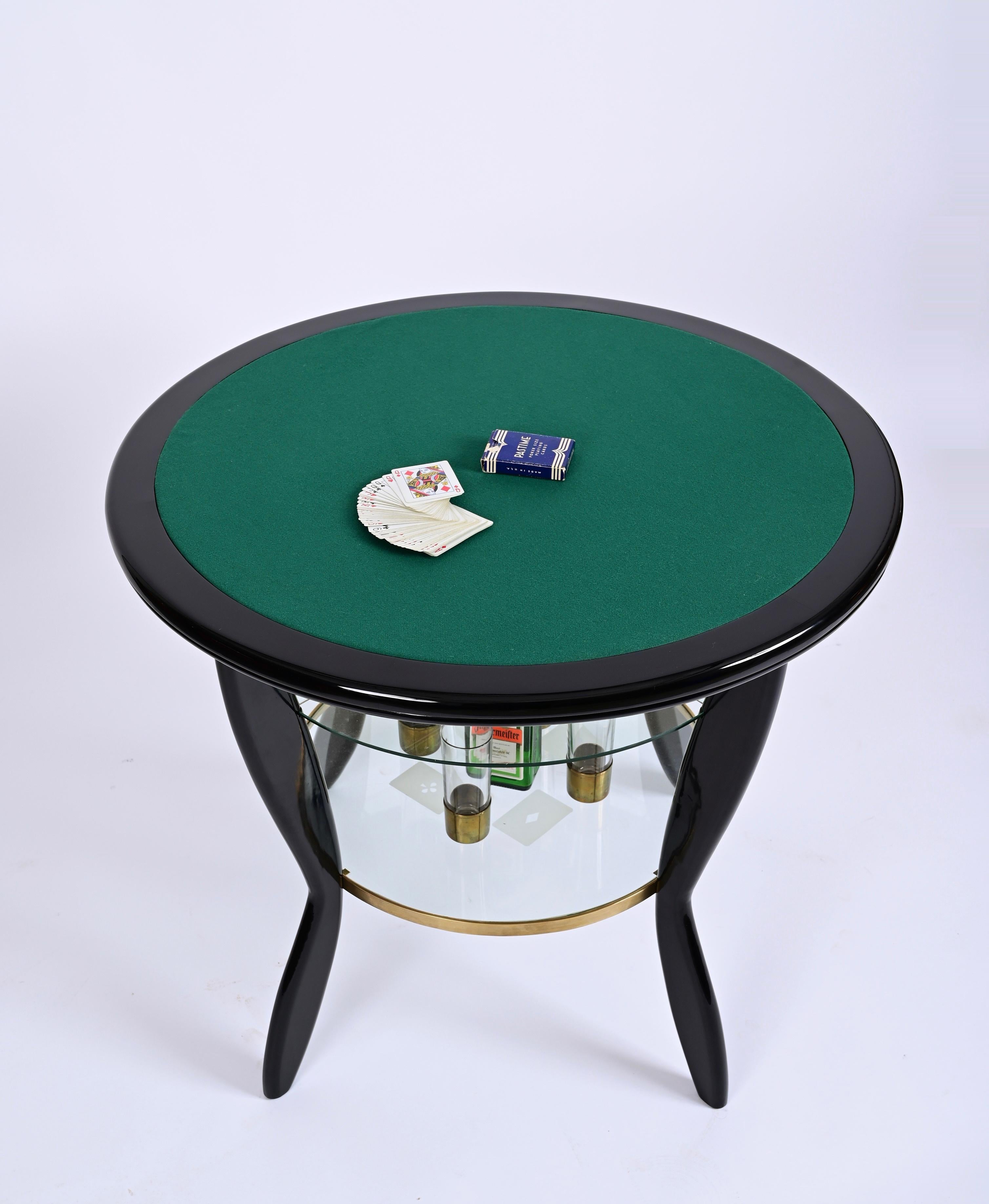 Gio Ponti Style Ebonized Beech and Brass Italian Game Table with Glass, 1950s For Sale 8