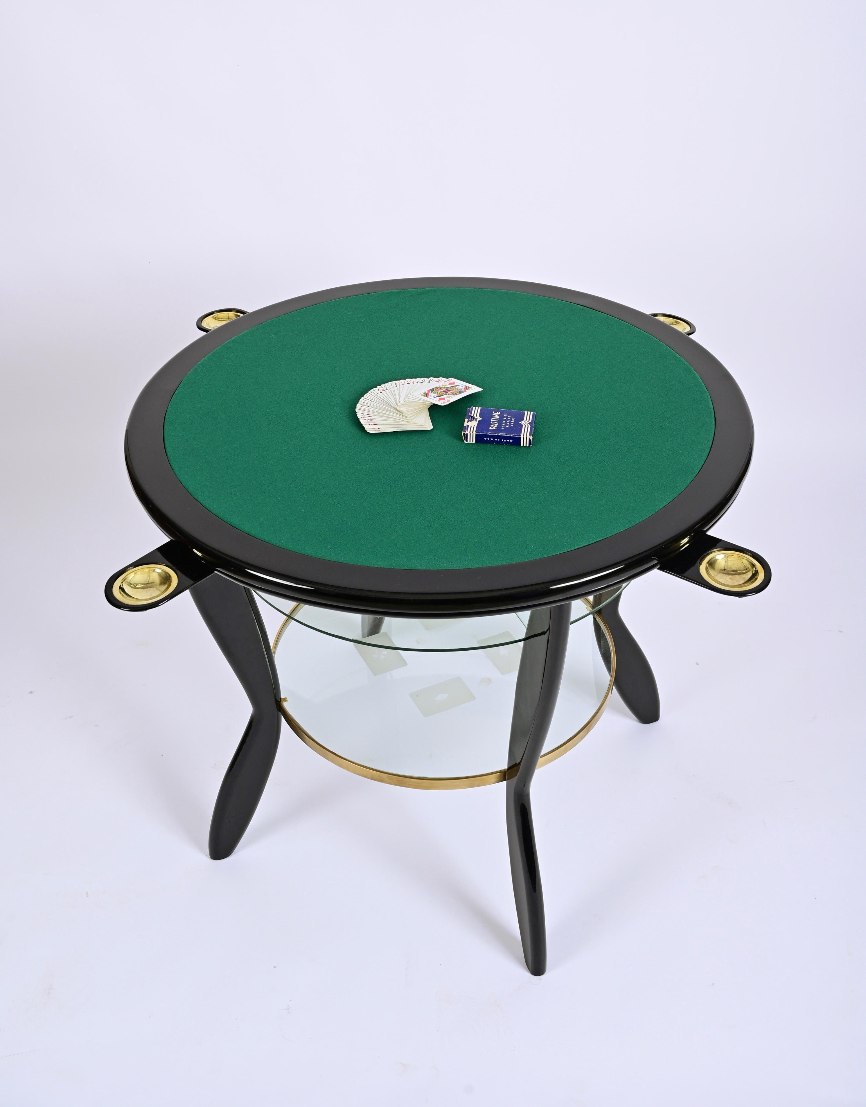 Gio Ponti Style Ebonized Beech and Brass Italian Game Table with Glass, 1950s For Sale 9