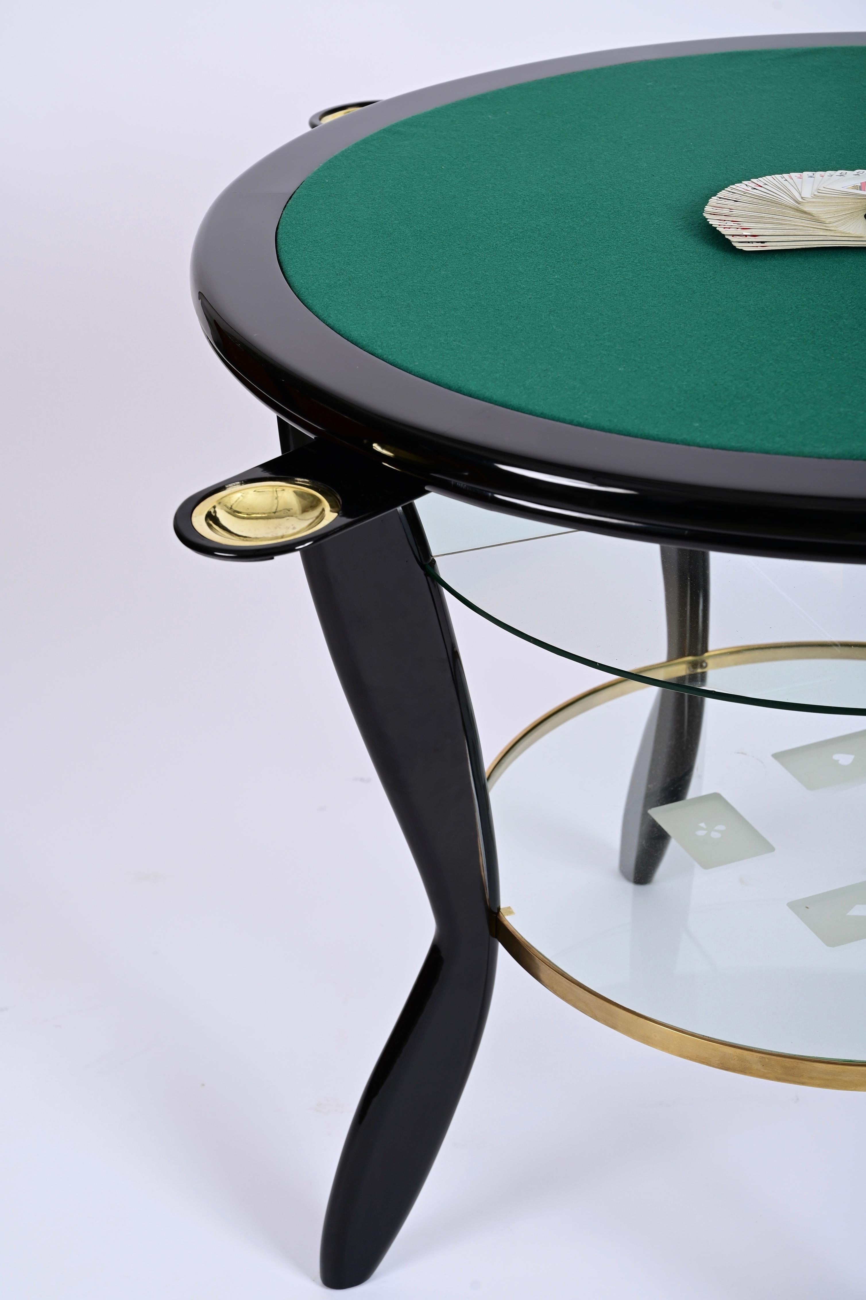 Gio Ponti Style Ebonized Beech and Brass Italian Game Table with Glass, 1950s For Sale 11