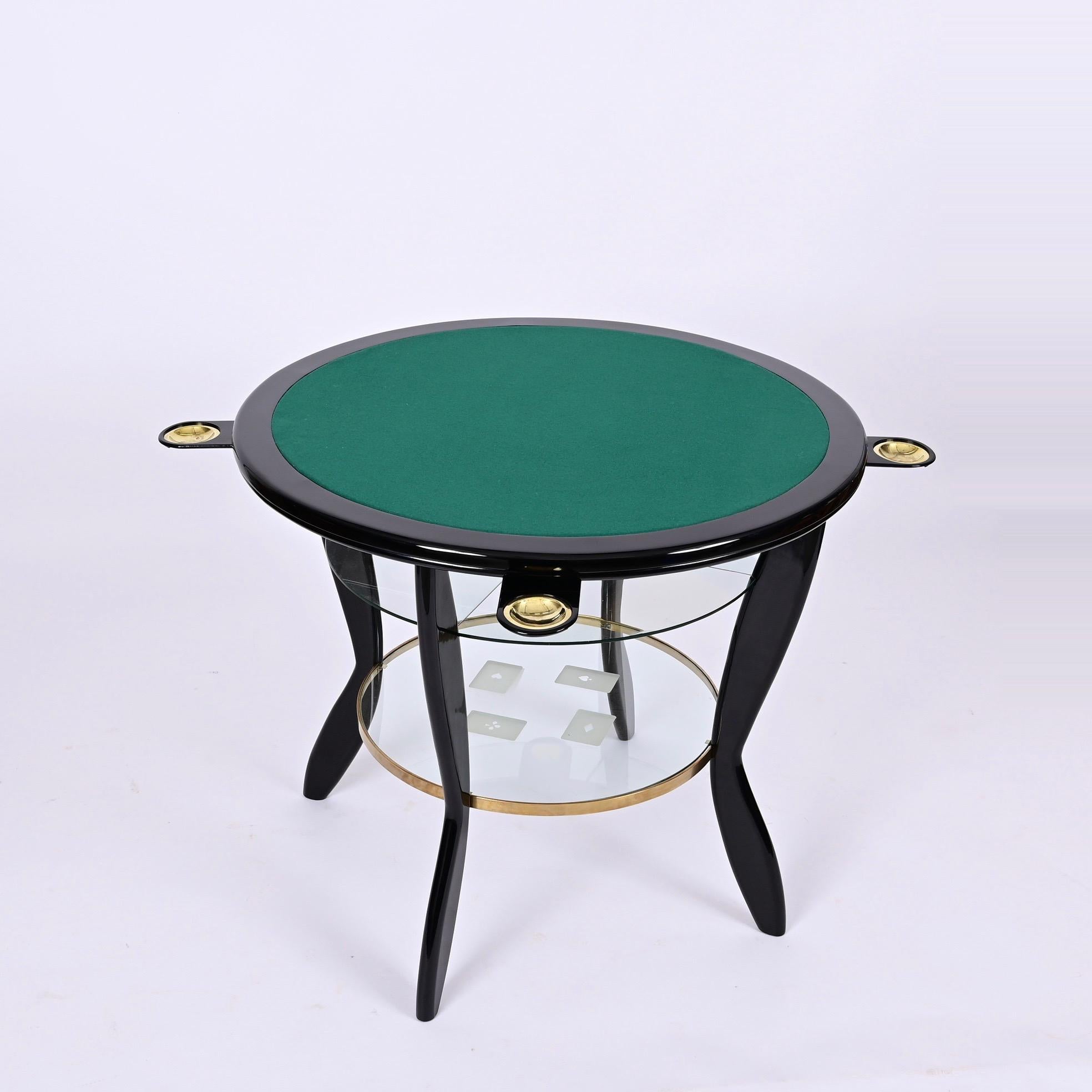 Mid-Century Modern Gio Ponti Style Ebonized Beech and Brass Italian Game Table with Glass, 1950s For Sale