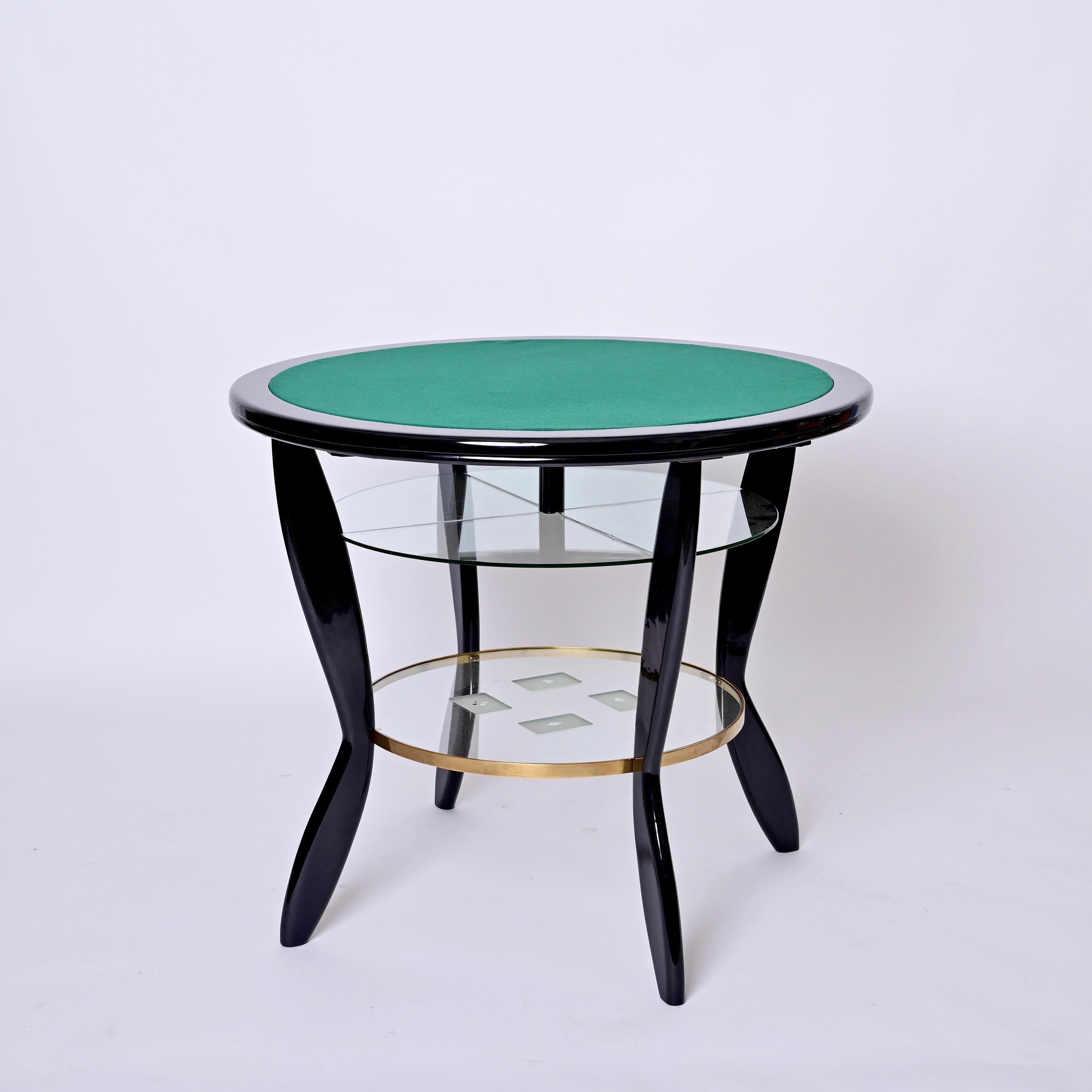 20th Century Gio Ponti Style Ebonized Beech and Brass Italian Game Table with Glass, 1950s For Sale
