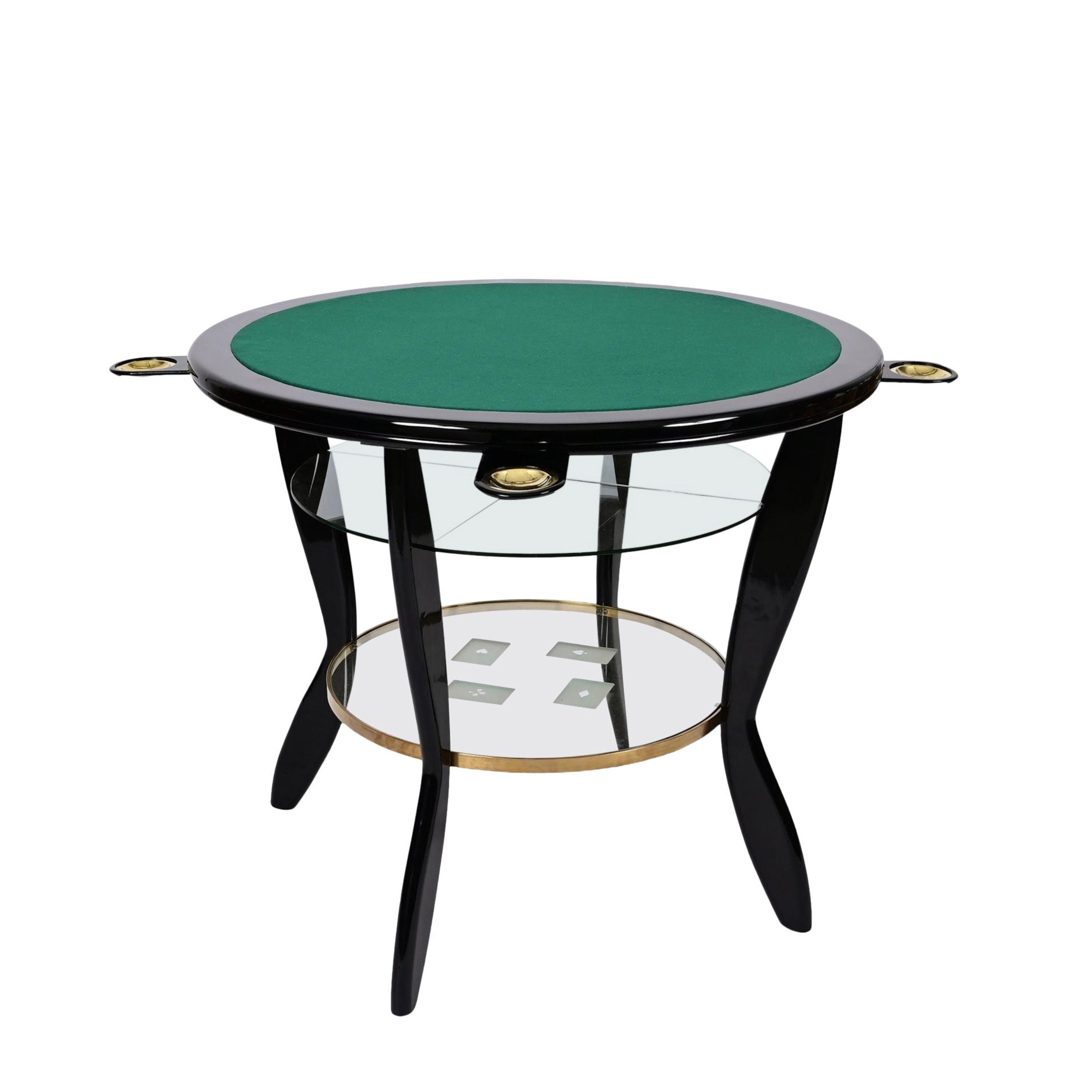 Gio Ponti Style Ebonized Beech and Brass Italian Game Table with Glass, 1950s In Good Condition For Sale In Roma, IT