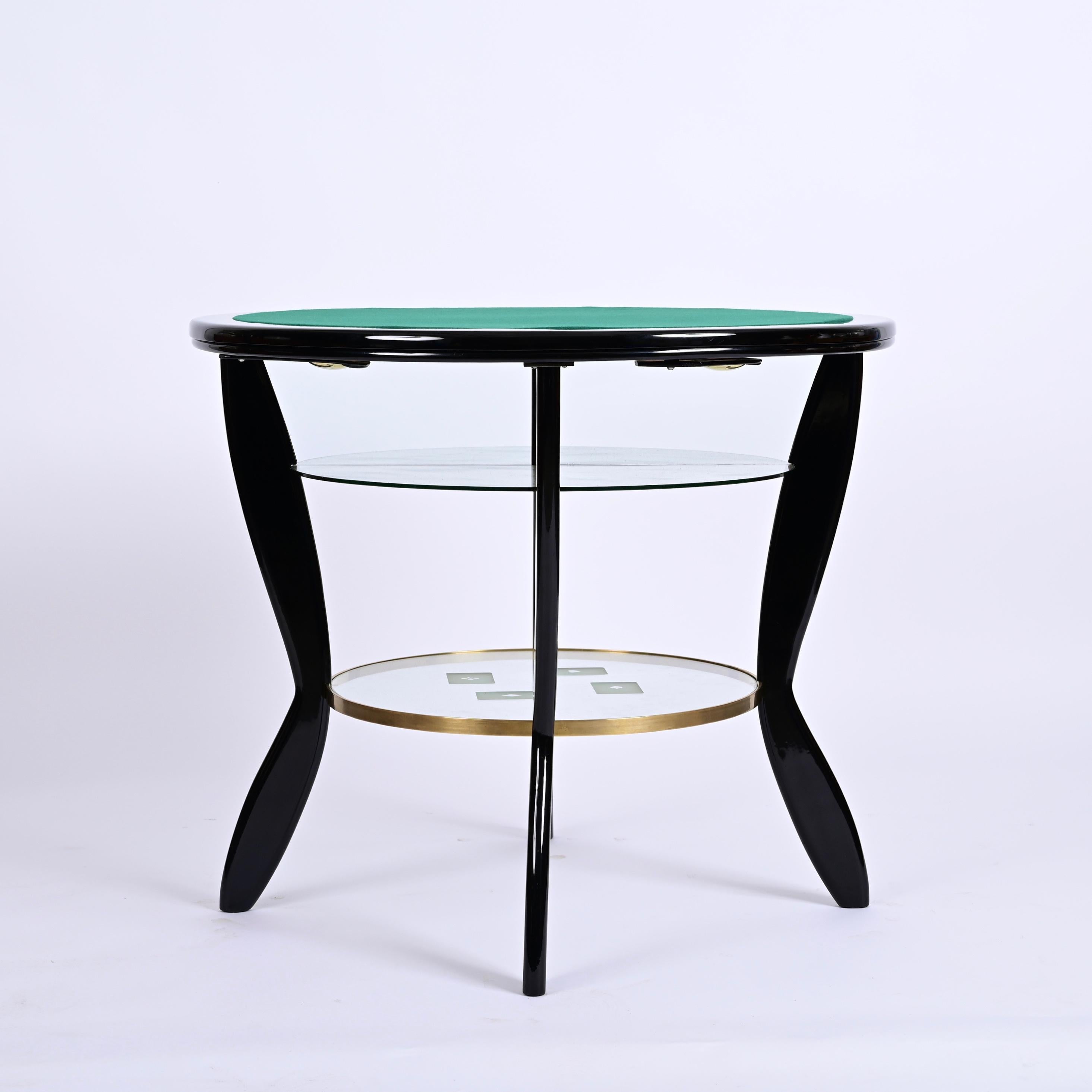 Felt Gio Ponti Style Ebonized Beech and Brass Italian Game Table with Glass, 1950s For Sale