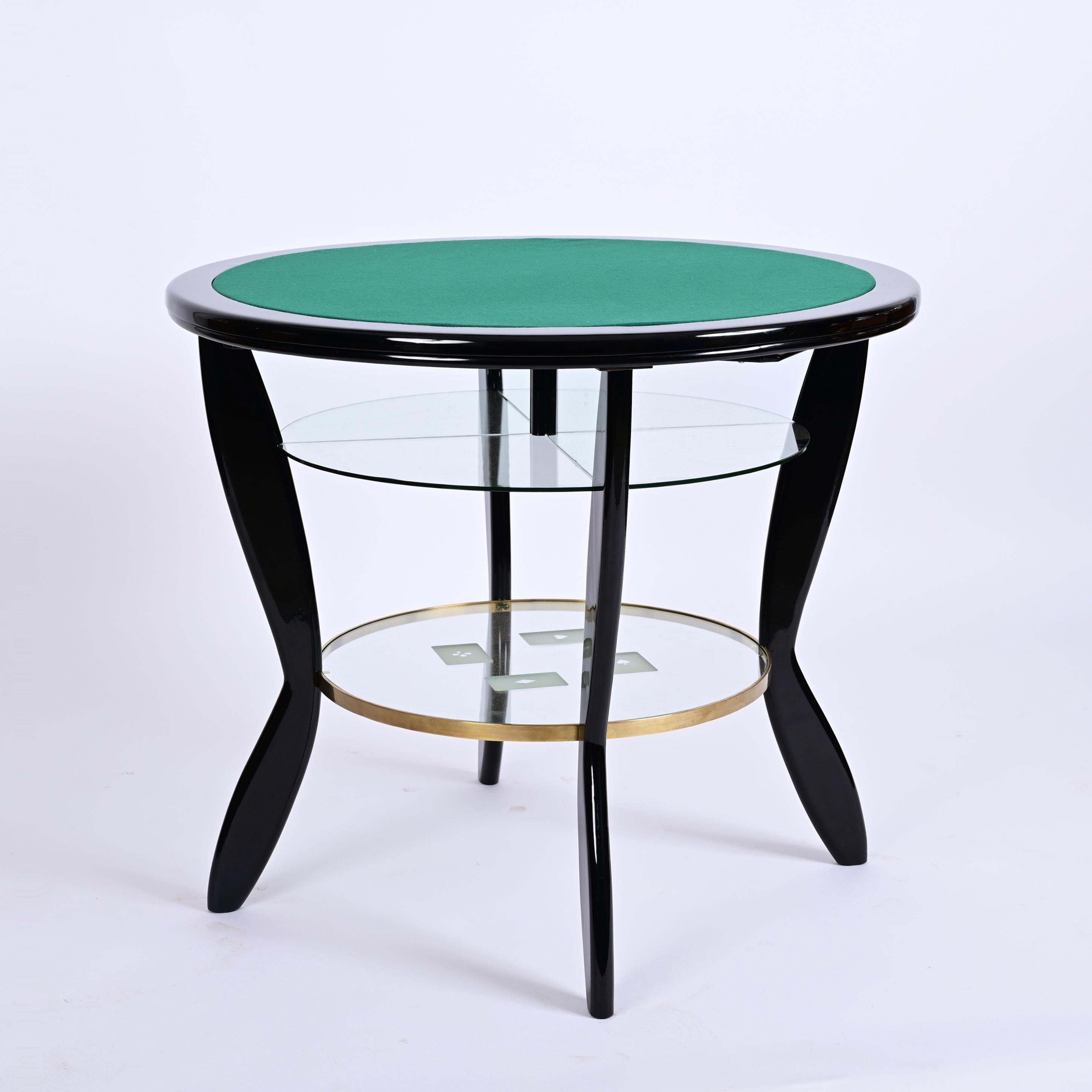 Gio Ponti Style Ebonized Beech and Brass Italian Game Table with Glass, 1950s For Sale 1