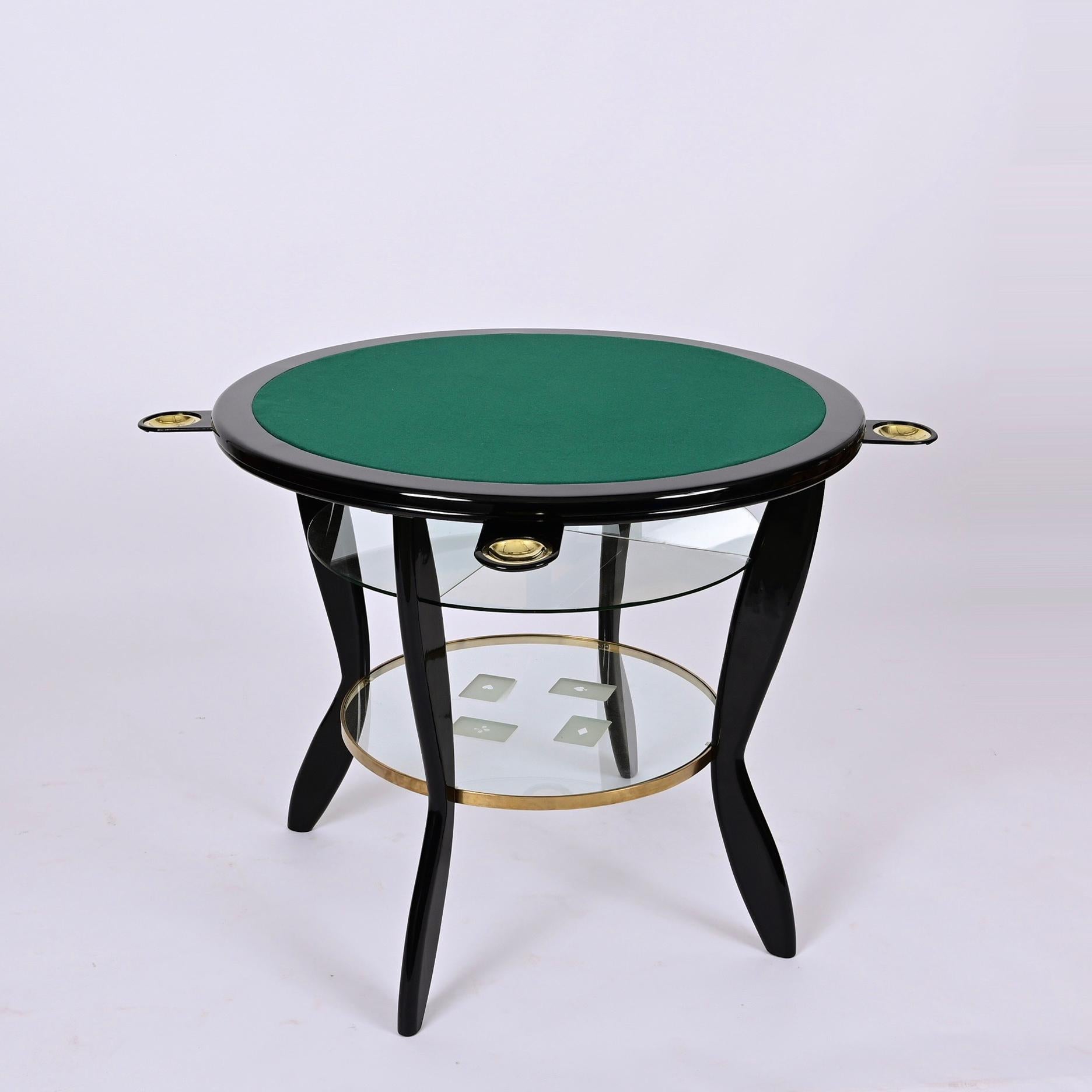 Italienischer Spieltisch aus ebonisierter Buche und Messing im Gio-Ponti-Stil mit Glas, 1950er Jahre im Angebot 1
