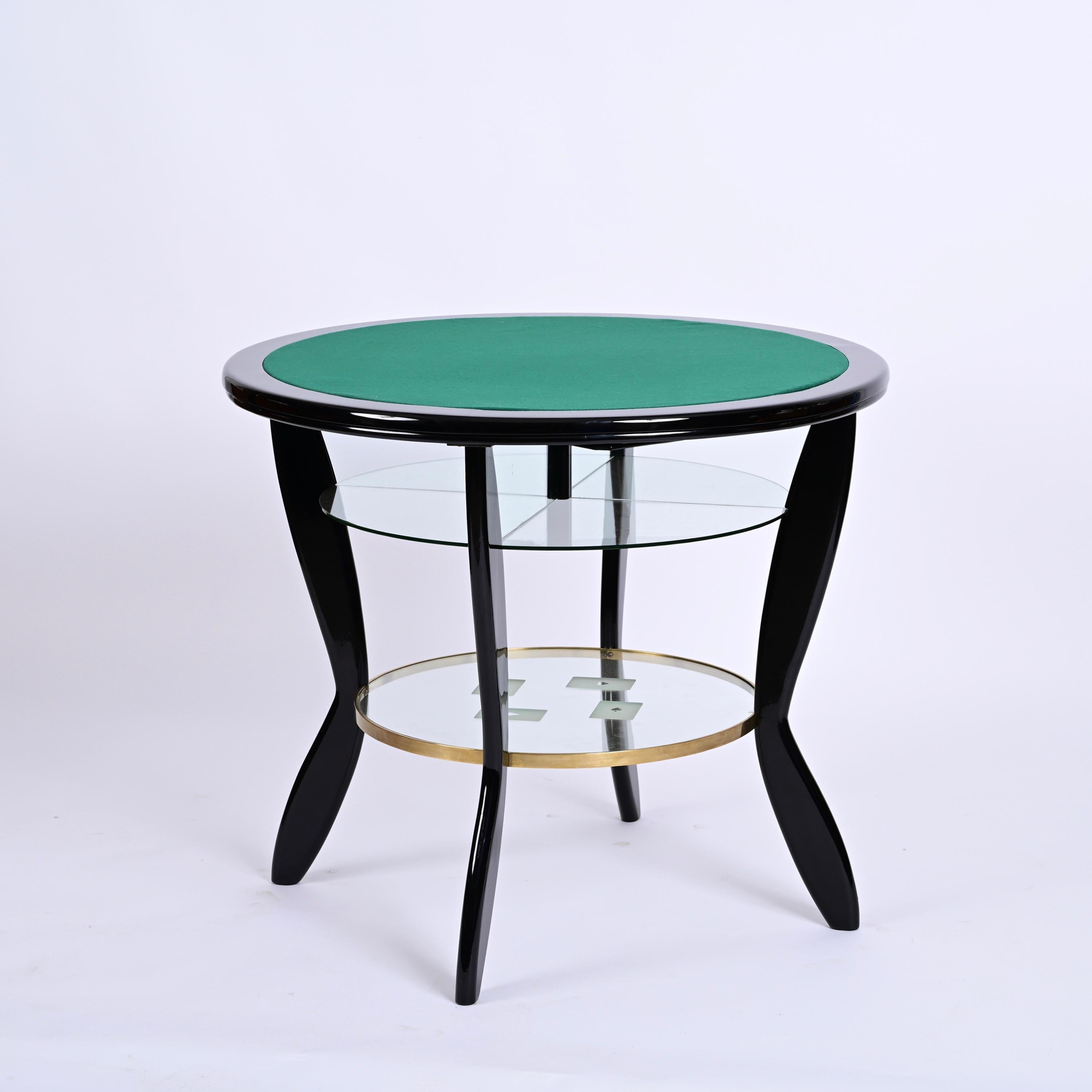 Gio Ponti Style Ebonized Beech and Brass Italian Game Table with Glass, 1950s For Sale 3