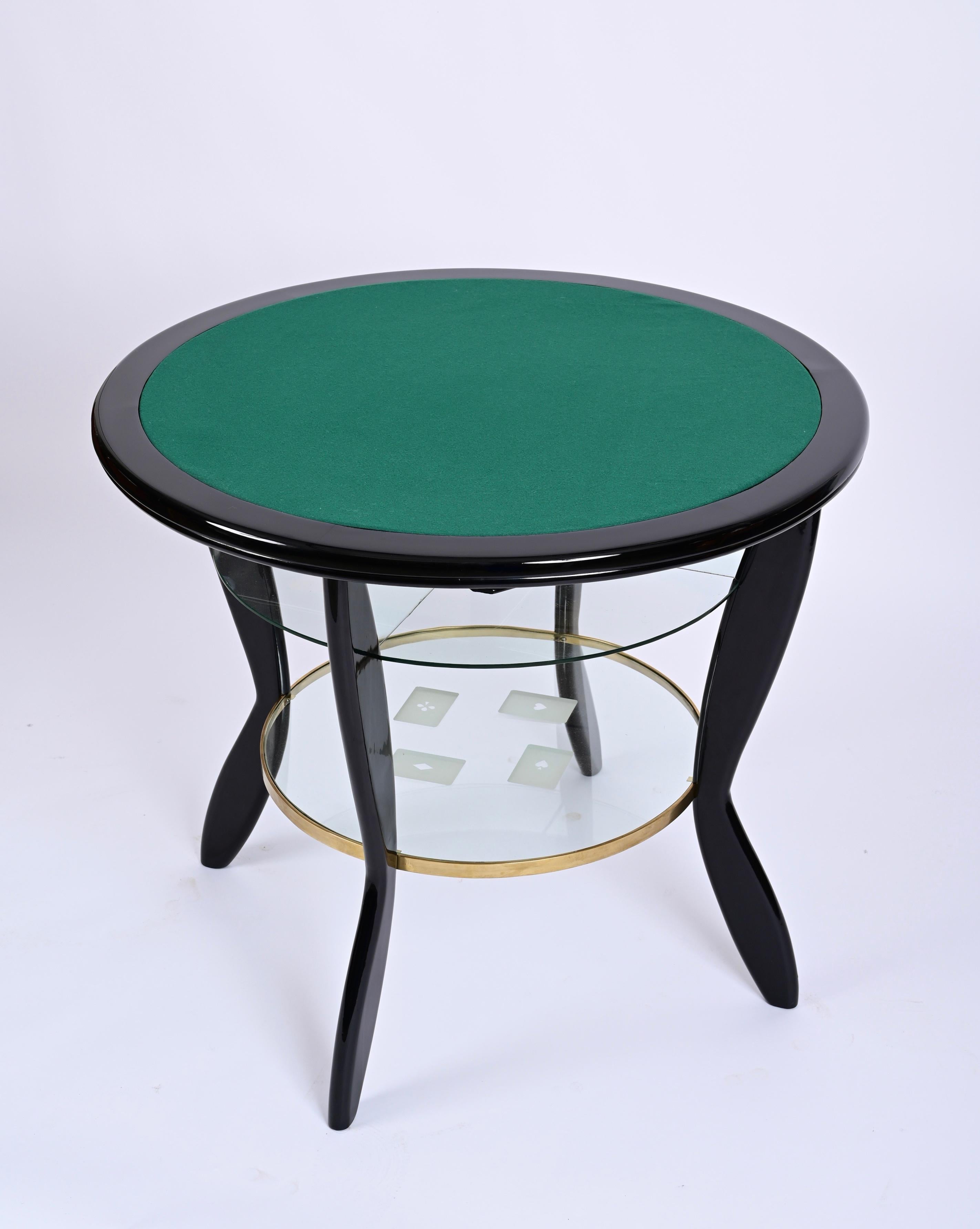 Gio Ponti Style Ebonized Beech and Brass Italian Game Table with Glass, 1950s For Sale 4