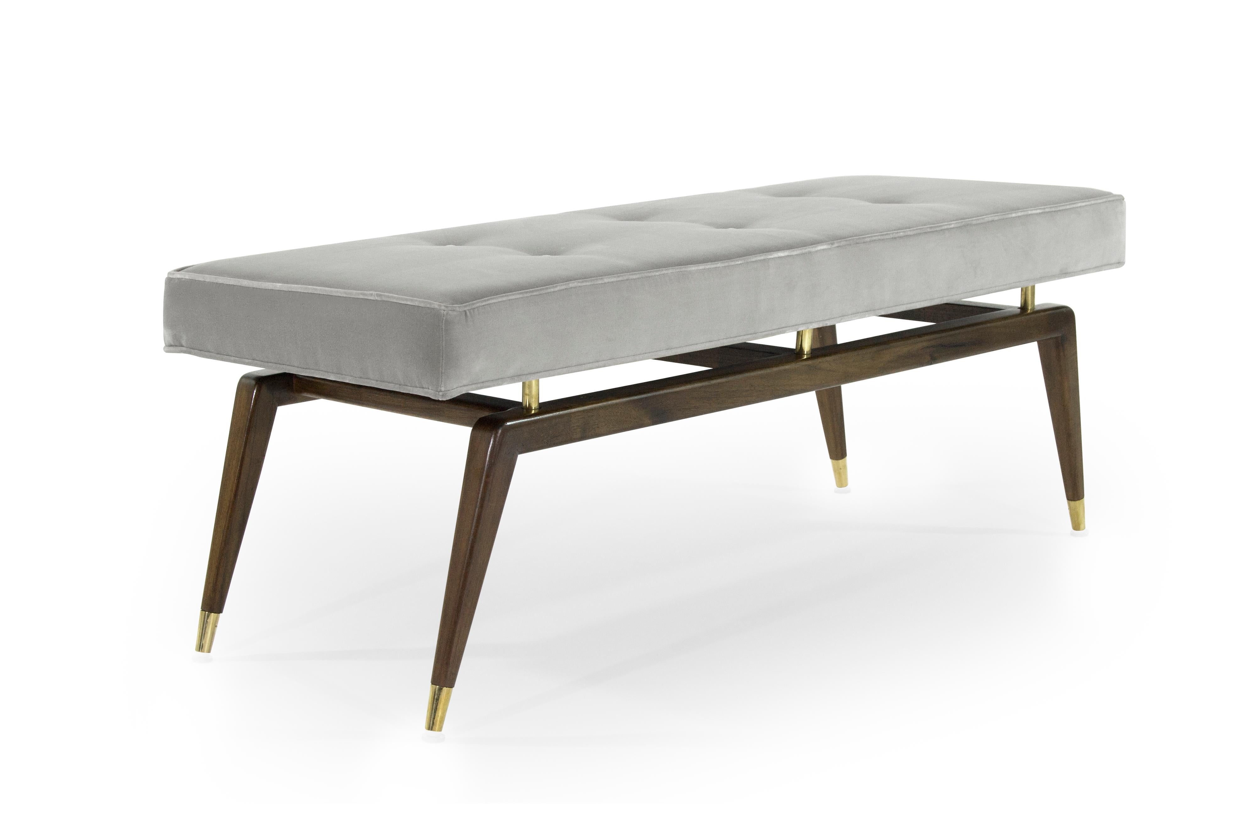 Mid-Century Modern bench in the manner of Gio Ponti. Walnut base fully restored, newly upholstered in grey velvet.