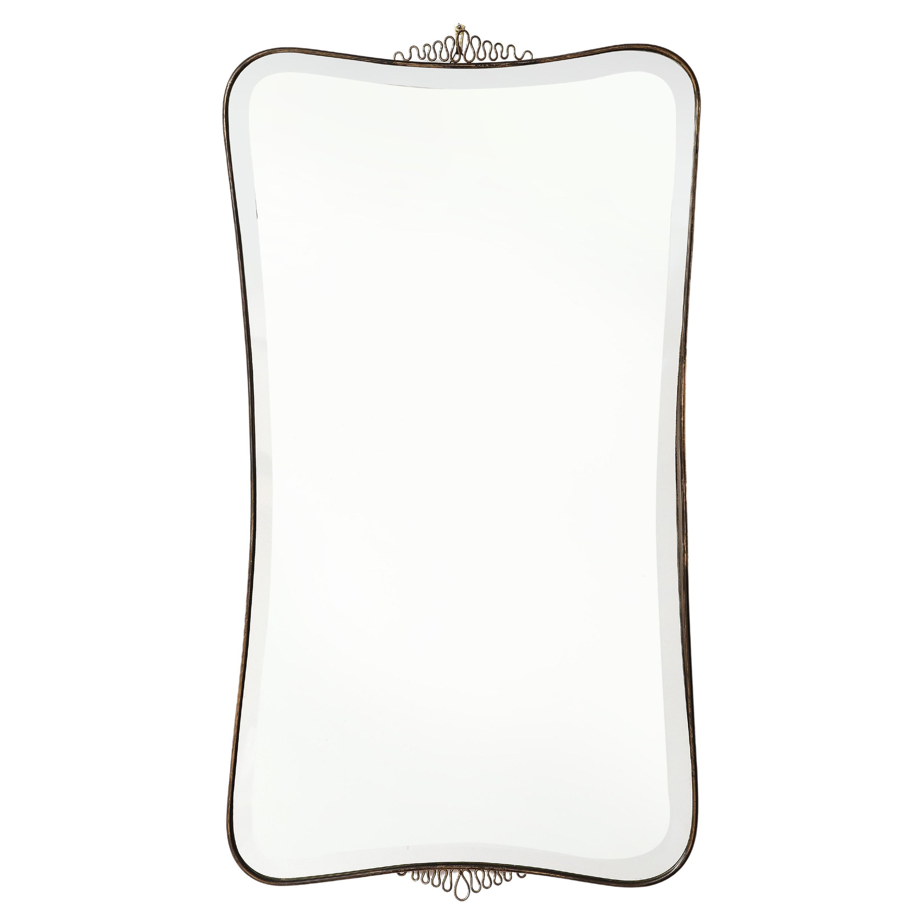 Gio Ponti Style Italian Brass Modernist Bevelled Mirror, Coronets, Italy, 1950's