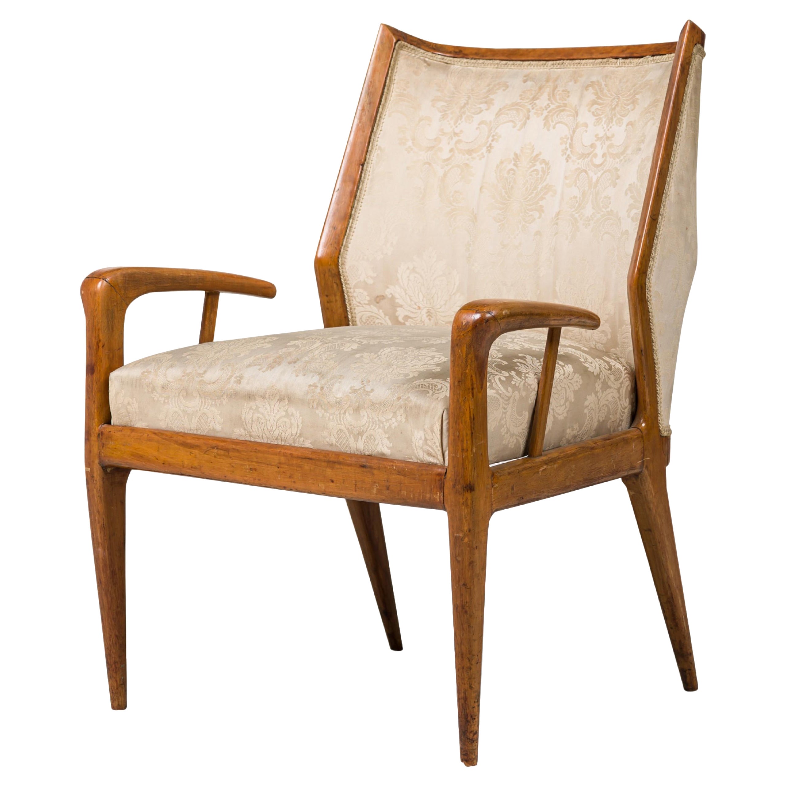 Gio Ponti Style Italian Mid-Century Walnut and Damask Curved Back Armchair