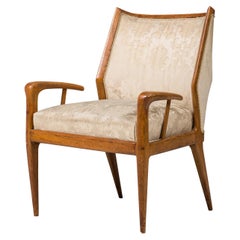 Gio Ponti Style Italian Mid-Century Walnut and Damask Curved Back Armchair