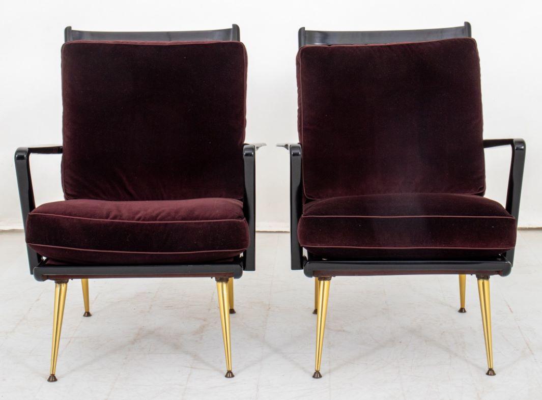 Gio Ponti Style Italian Modernist Armchairs, set of two with ebonized frame and brass legs.

Dealer: S138XX