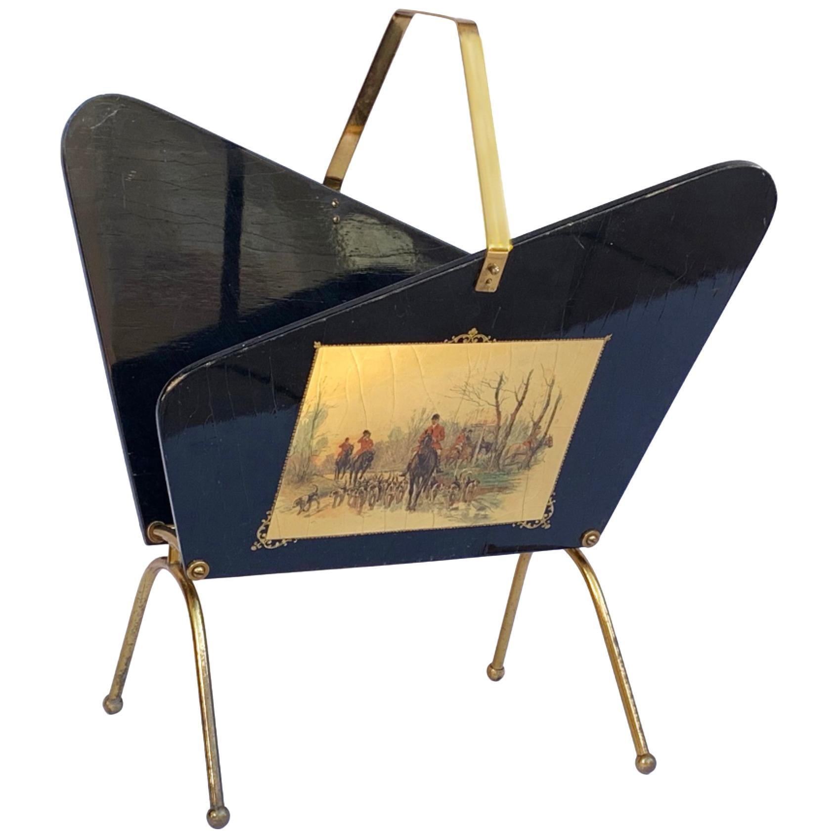 Portariviste in stile Gio Ponti, legno ebanizzato e ottone con 2 stampe, Italia 1950