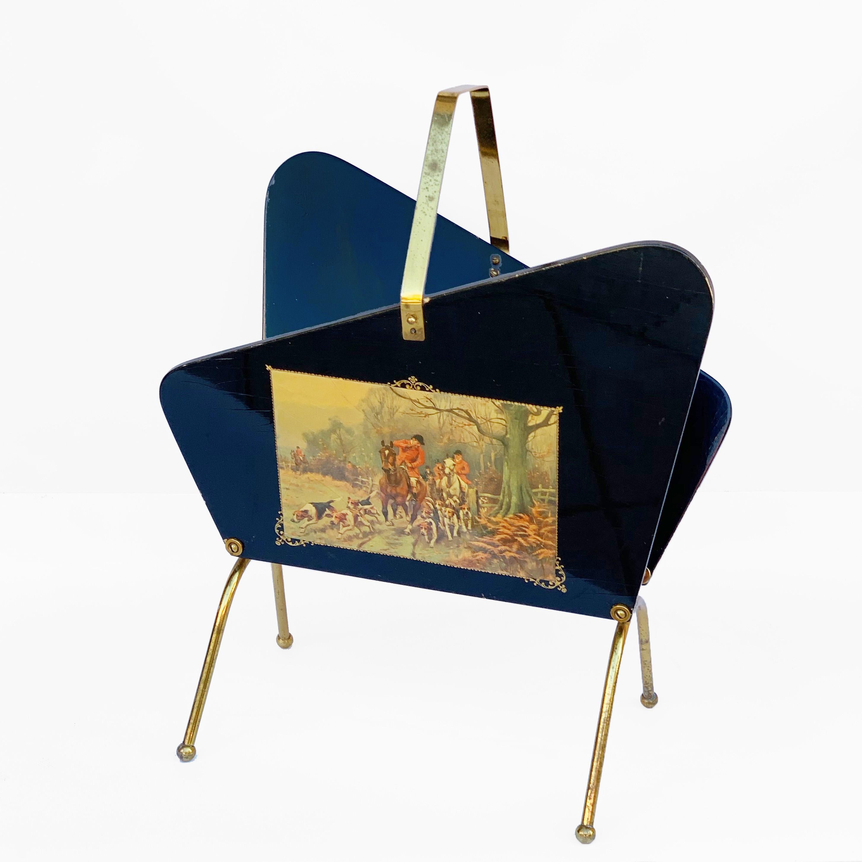 Mid-Century Modern Gio Ponti Style Magazine Rack, Ebonized Wood and Brass with 2 Prints, Italy 1950 For Sale