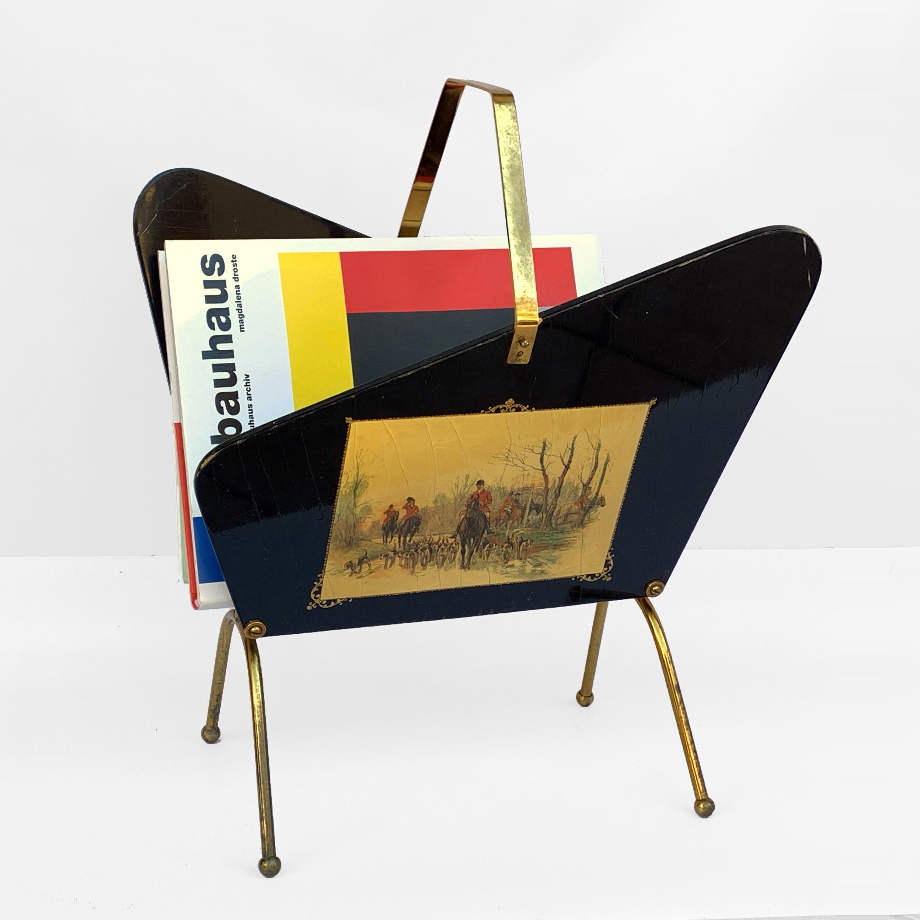 Italian Gio Ponti Style Magazine Rack, Ebonized Wood and Brass with 2 Prints, Italy 1950 For Sale