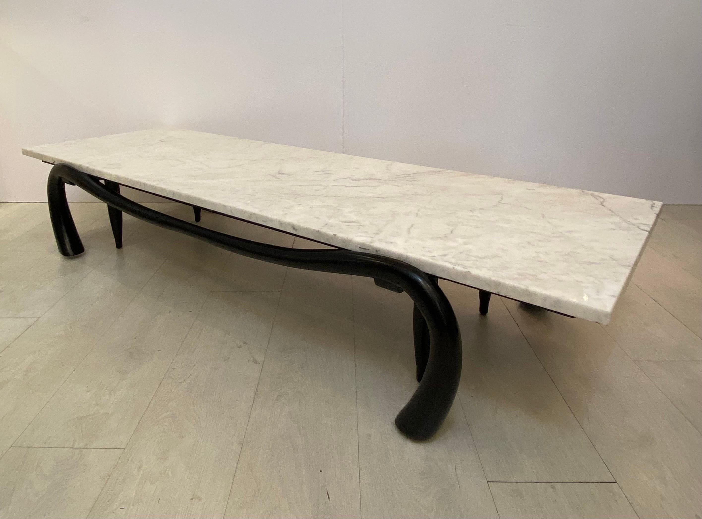 Mid-Century Modern Gio Ponti Style Marble Top Ebonized Coffee Table For Sale