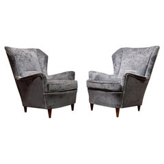 Gio Ponti Modern Blue Velvet Italian Pair of Armchairs