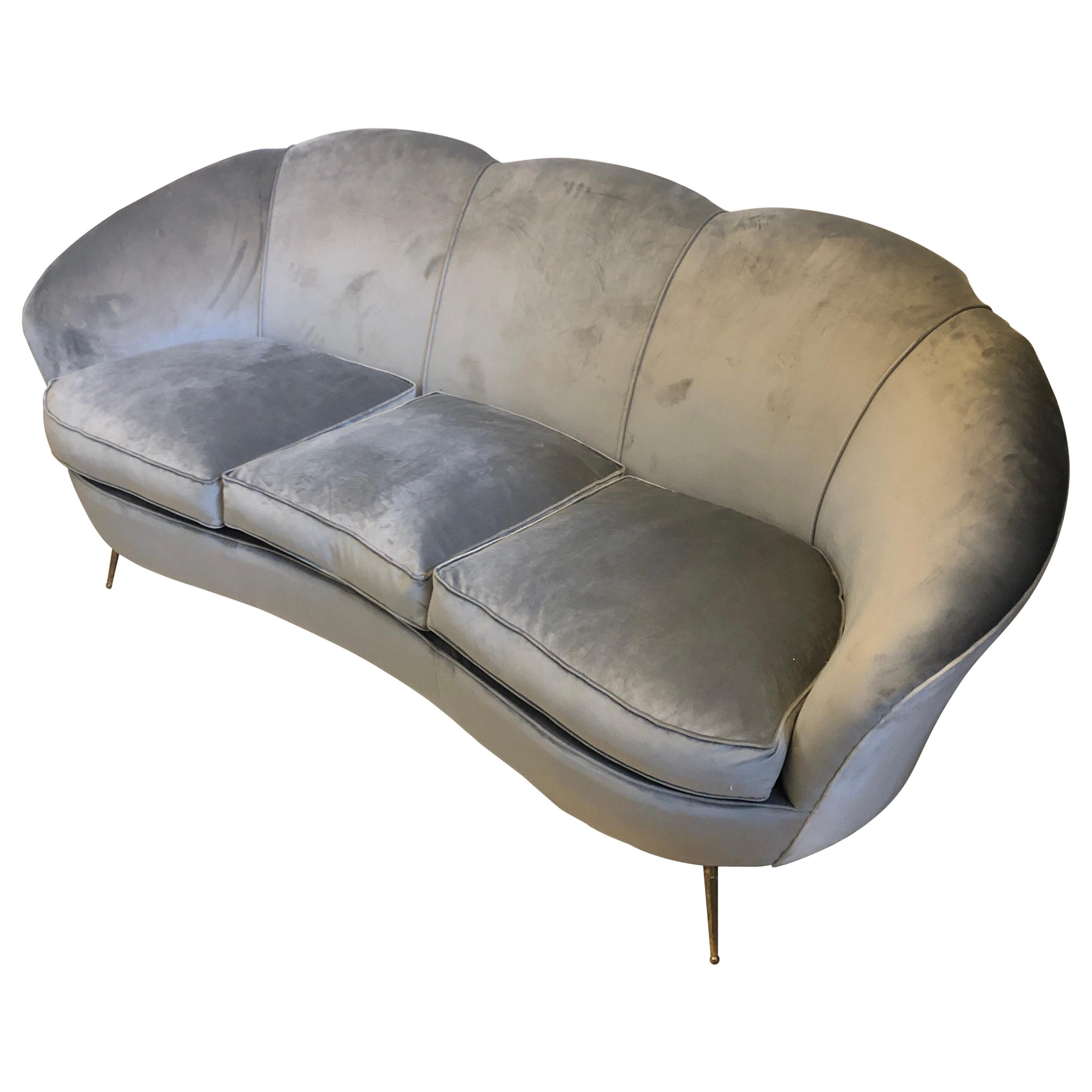 1950s Gio Ponti Style Mid-Century Modern Brass and Velvet Italian Curved Sofa
