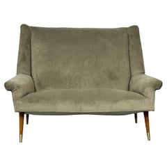 Gio Ponti Style, Mid-Century Modern, Sofa, Grey Velvet, Wood, Italy, 1950s