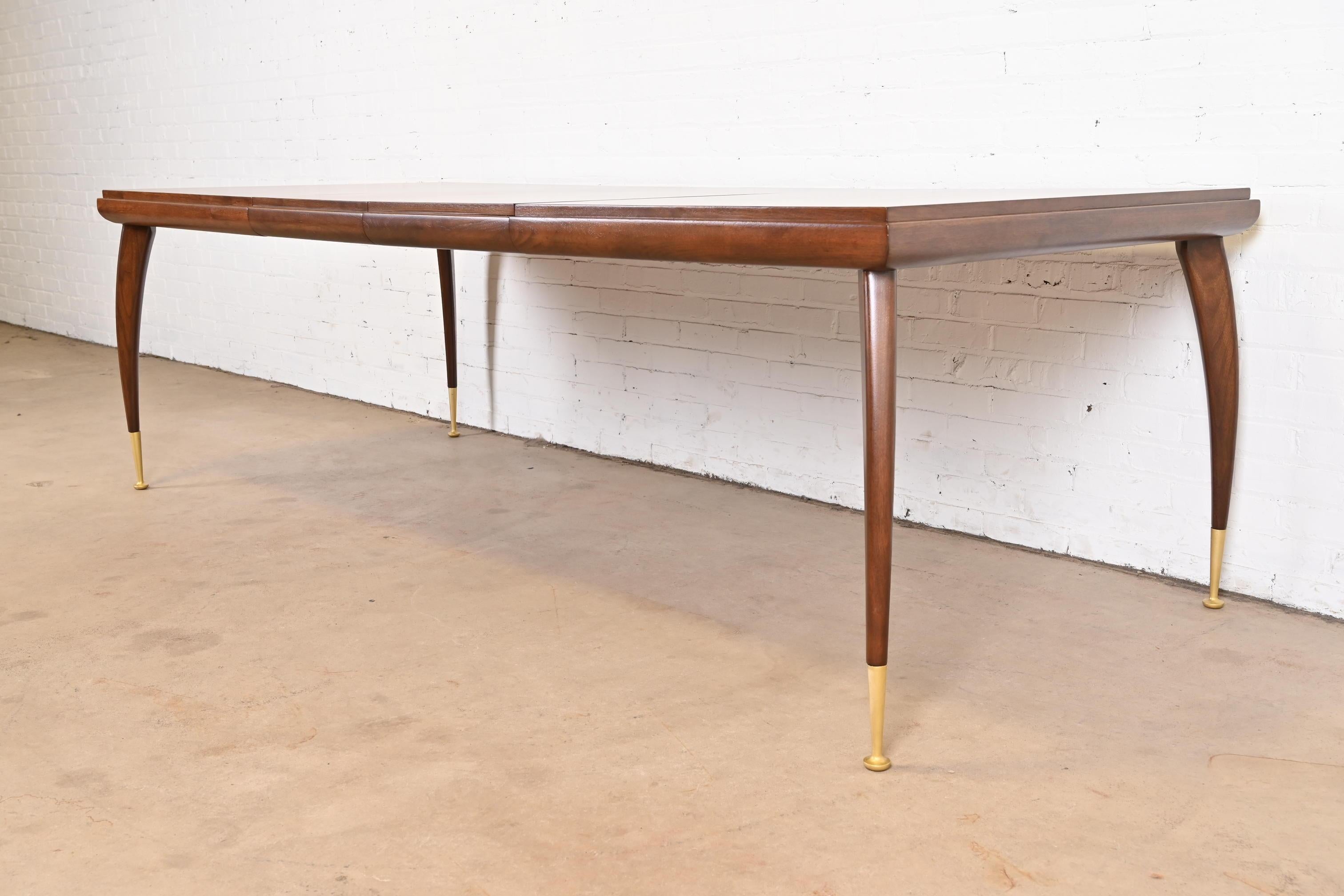 Brass Gio Ponti Style Mid-Century Modern Walnut Extension Dining Table, Refinished