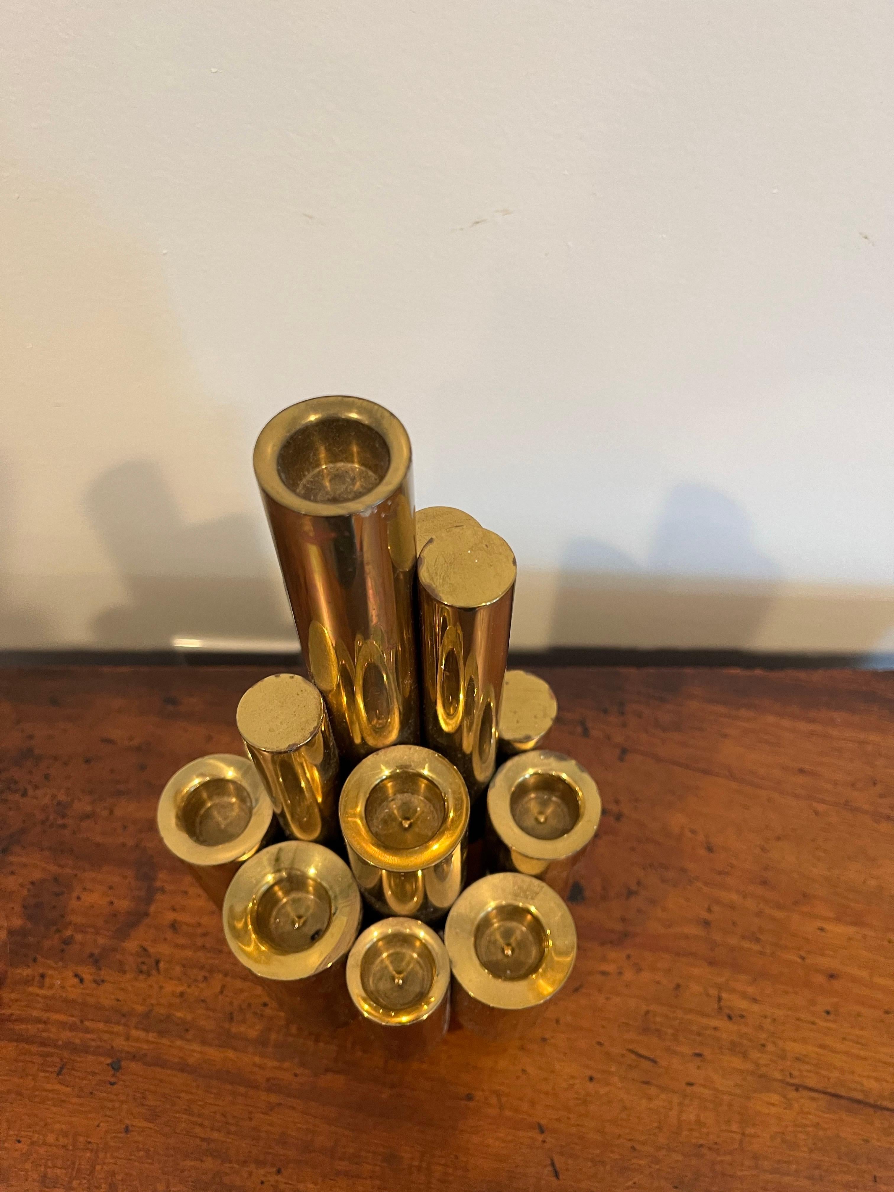 Unknown Gio Ponti Style Modernist Brass Stacked Tubular Candlestick For Sale