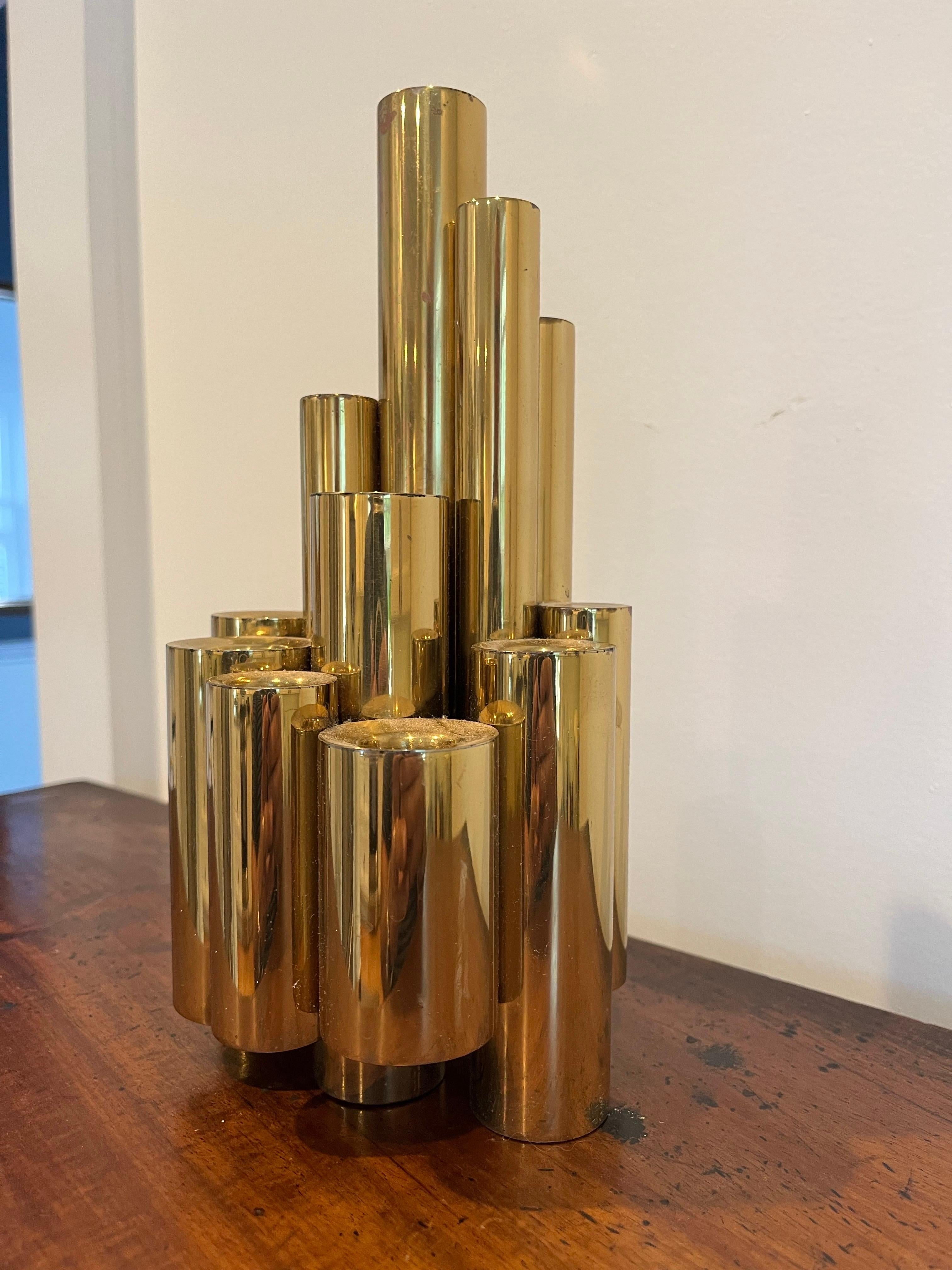 Gio Ponti Style Modernist Brass Stacked Tubular Candlestick In Good Condition For Sale In W Allenhurst, NJ