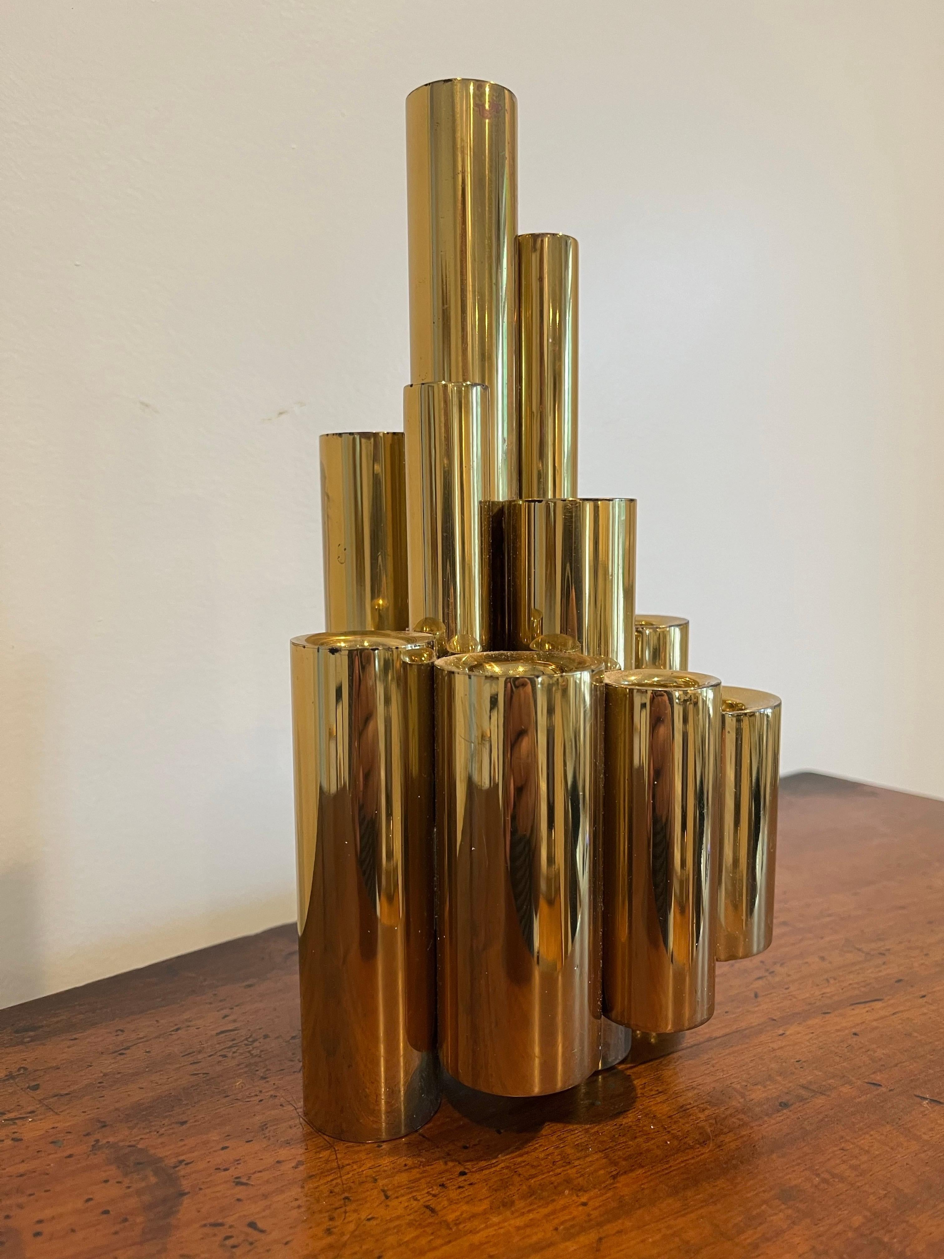 20th Century Gio Ponti Style Modernist Brass Stacked Tubular Candlestick For Sale