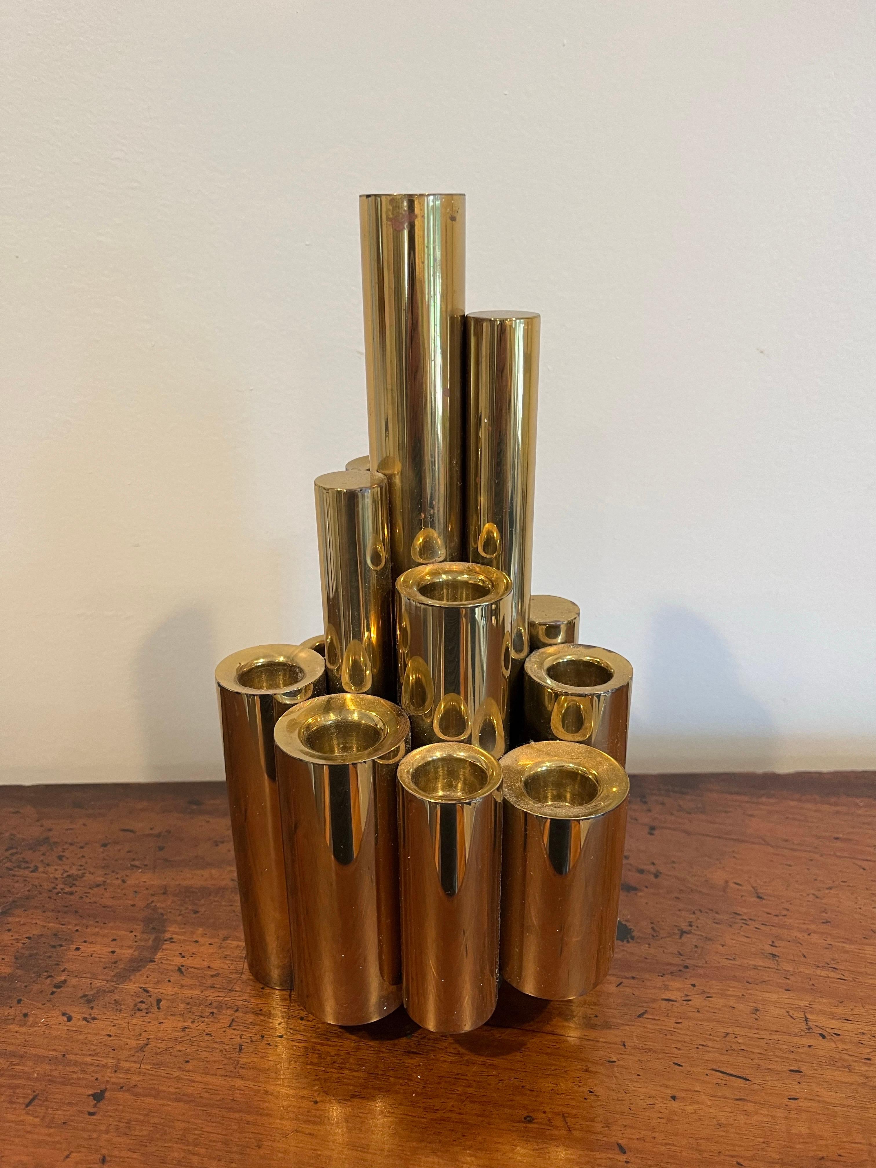 Gio Ponti Style Modernist Brass Stacked Tubular Candlestick For Sale 1