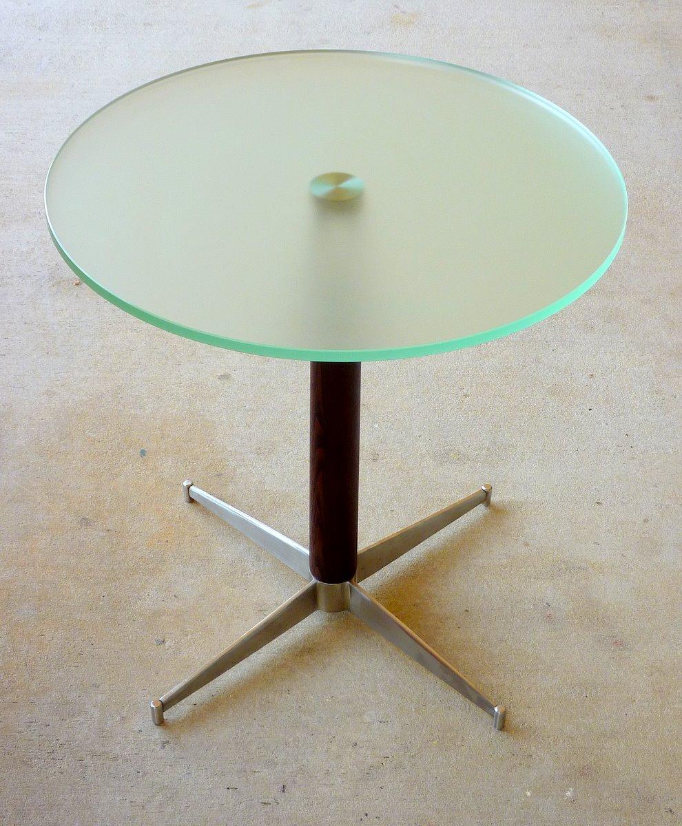A superb quality occasional table with a stainless steel base, dark oak support and frosted glass top in the manner of Gio Ponti. Exquisite.

A few important notes about all items available through this 1stdibs dealer:

1. We list all our items as