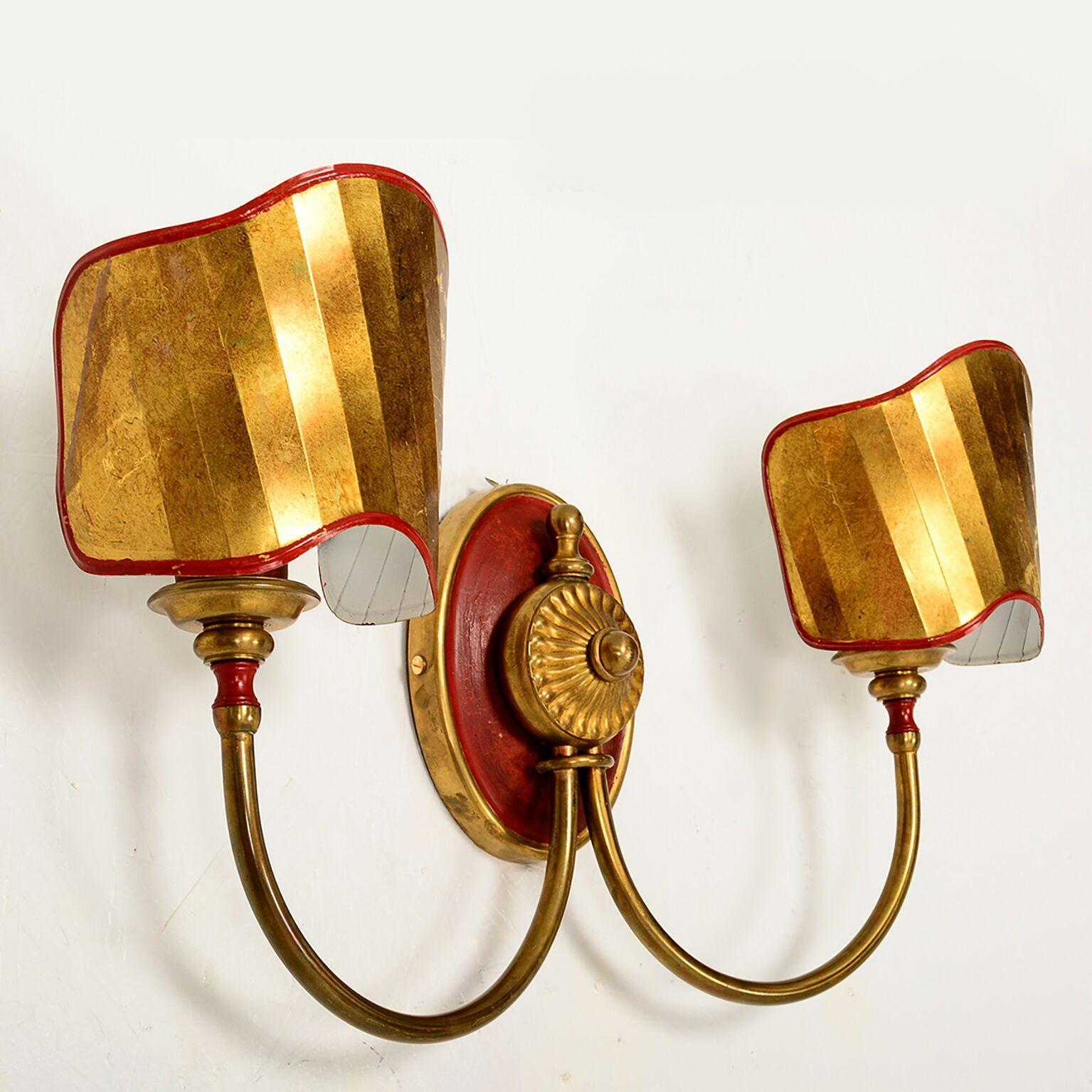 North American Gio Ponti Style Pair of Italian Wall Sconces with Brass Shield 1980s