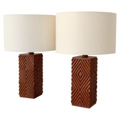Gio Ponti Style Pair of Large Carved Wood Table Lamp, circa 1970, Italy