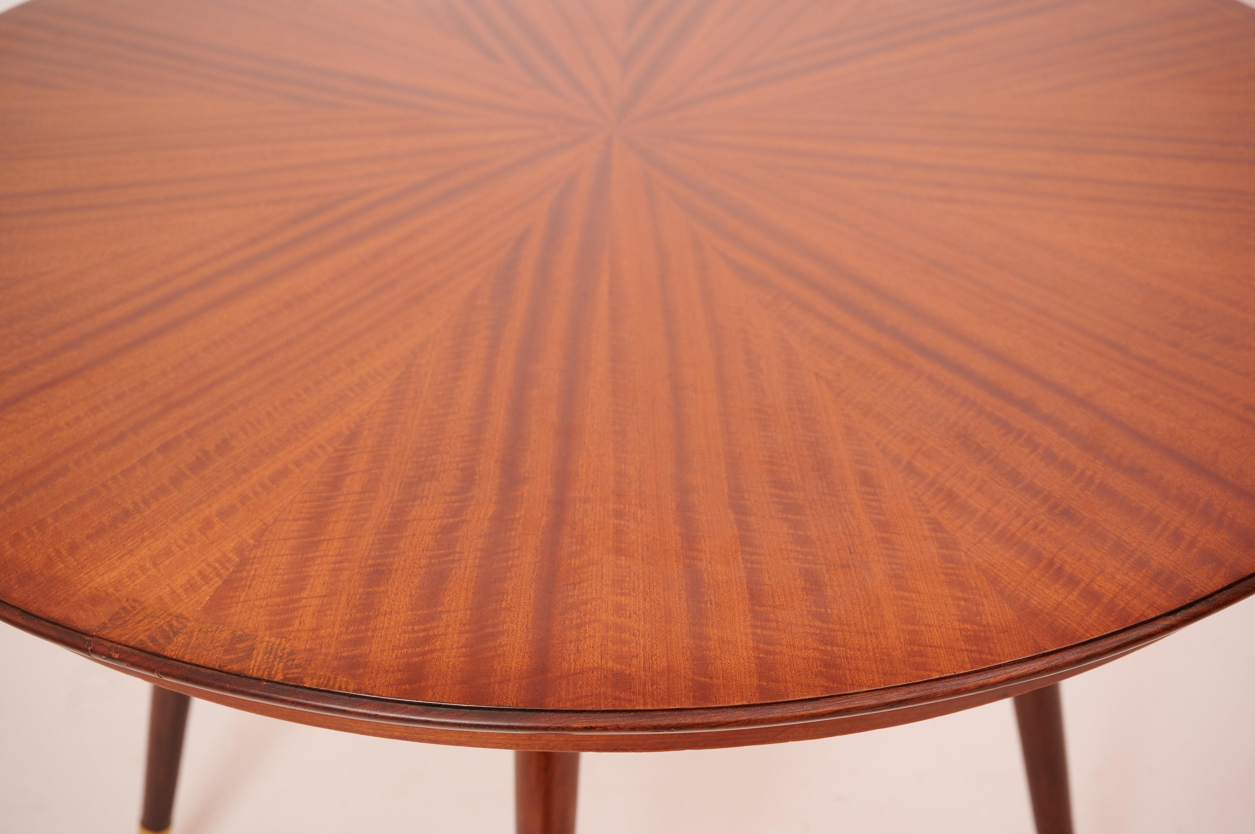 Marquetry Gio Ponti Style Round Sunburst Table in Exotic Wood