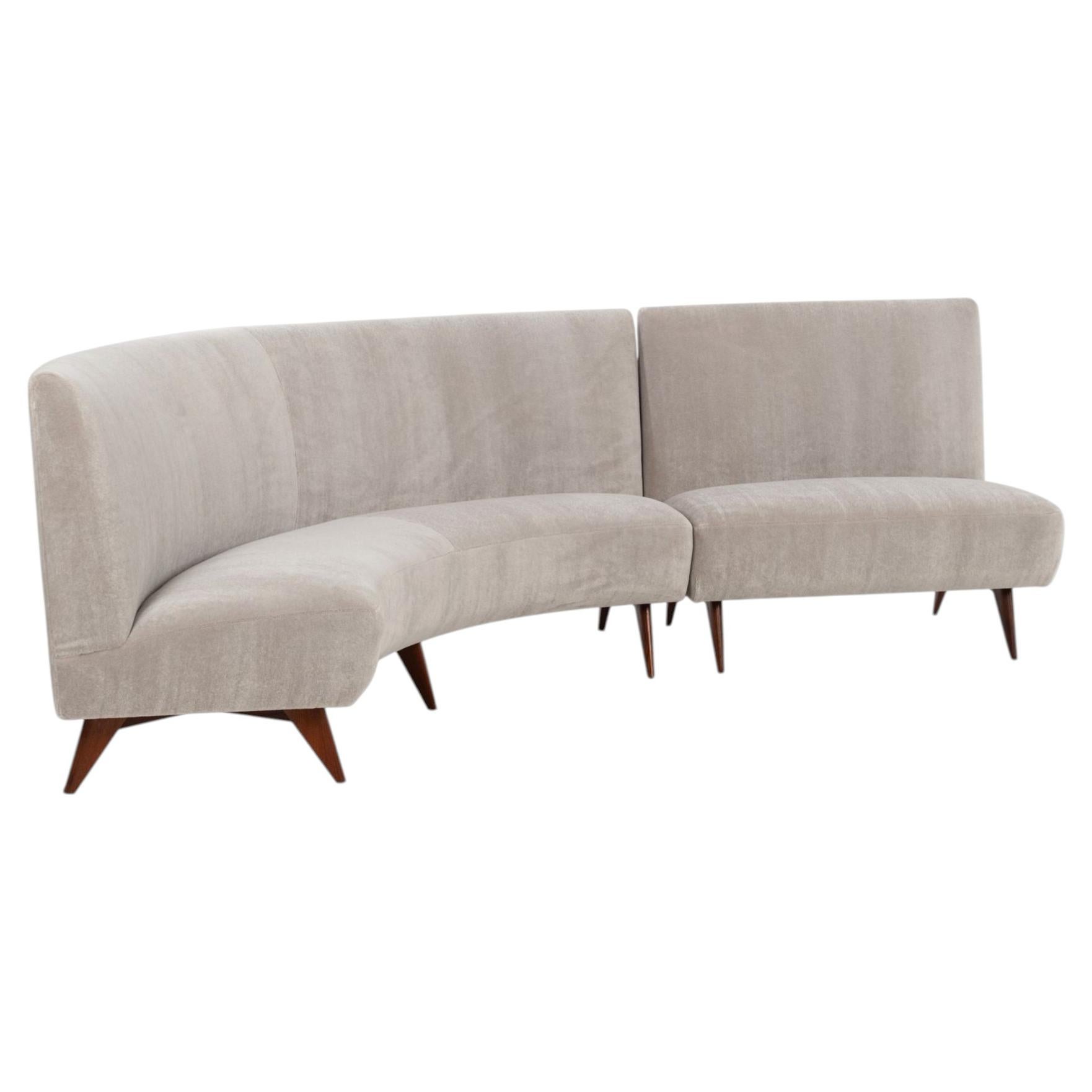 Gio Ponti Style Sectional Sofa by Hisa, Italy – Mohair Upholstery, Walnut Legs For Sale