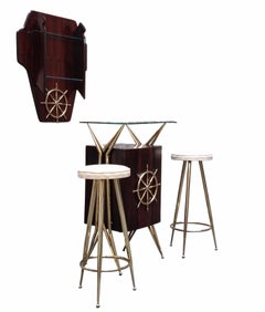 Gio Ponti Style Set Mobile Bar con Sgabelli e Mobiletto Pensile, Italia 1950s